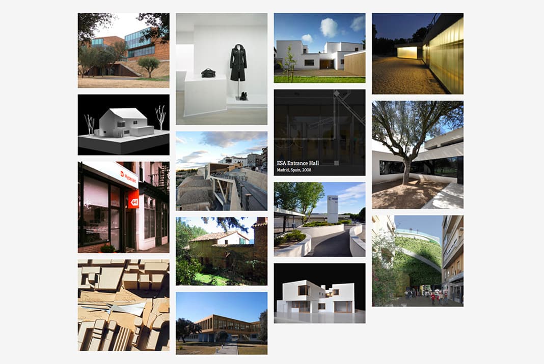 A collage of various architecture projects including modern building exteriors, interior designs, architectural models, and exhibition spaces. The images feature a mixture of residential, commercial, and exhibition hall designs, displayed in a grid pattern.