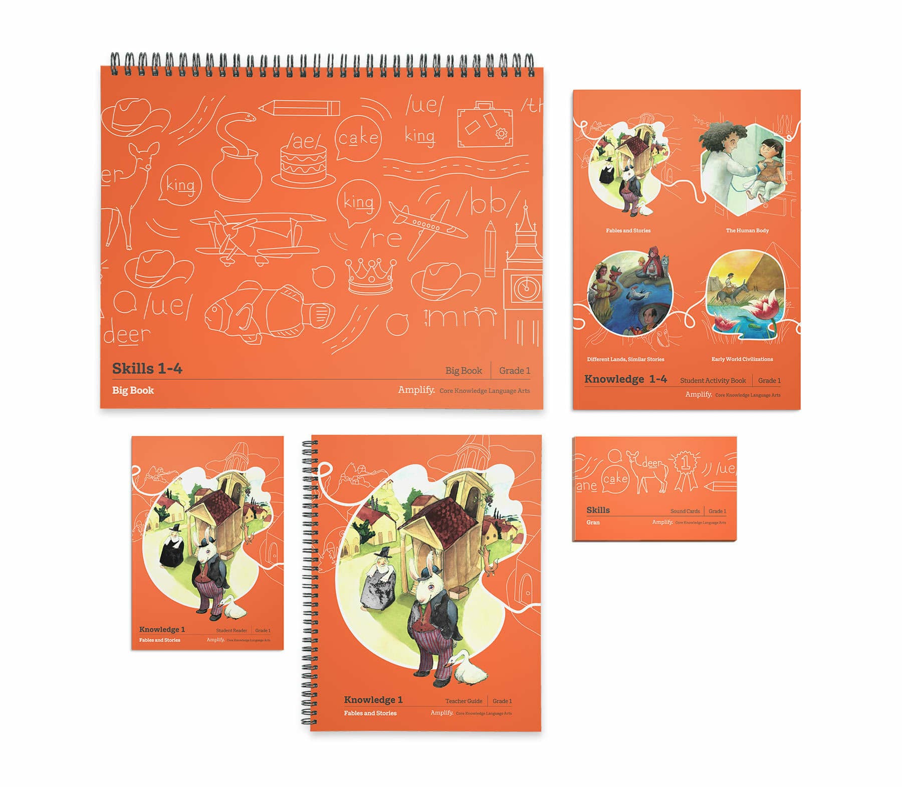 A set of educational books and materials with bright orange covers, featuring cartoon illustrations of anthropomorphic animals, including a mouse and rabbit. There are titles like "Skills 1-4 Big Book" and "Knowledge 1." The background has doodles and white text.