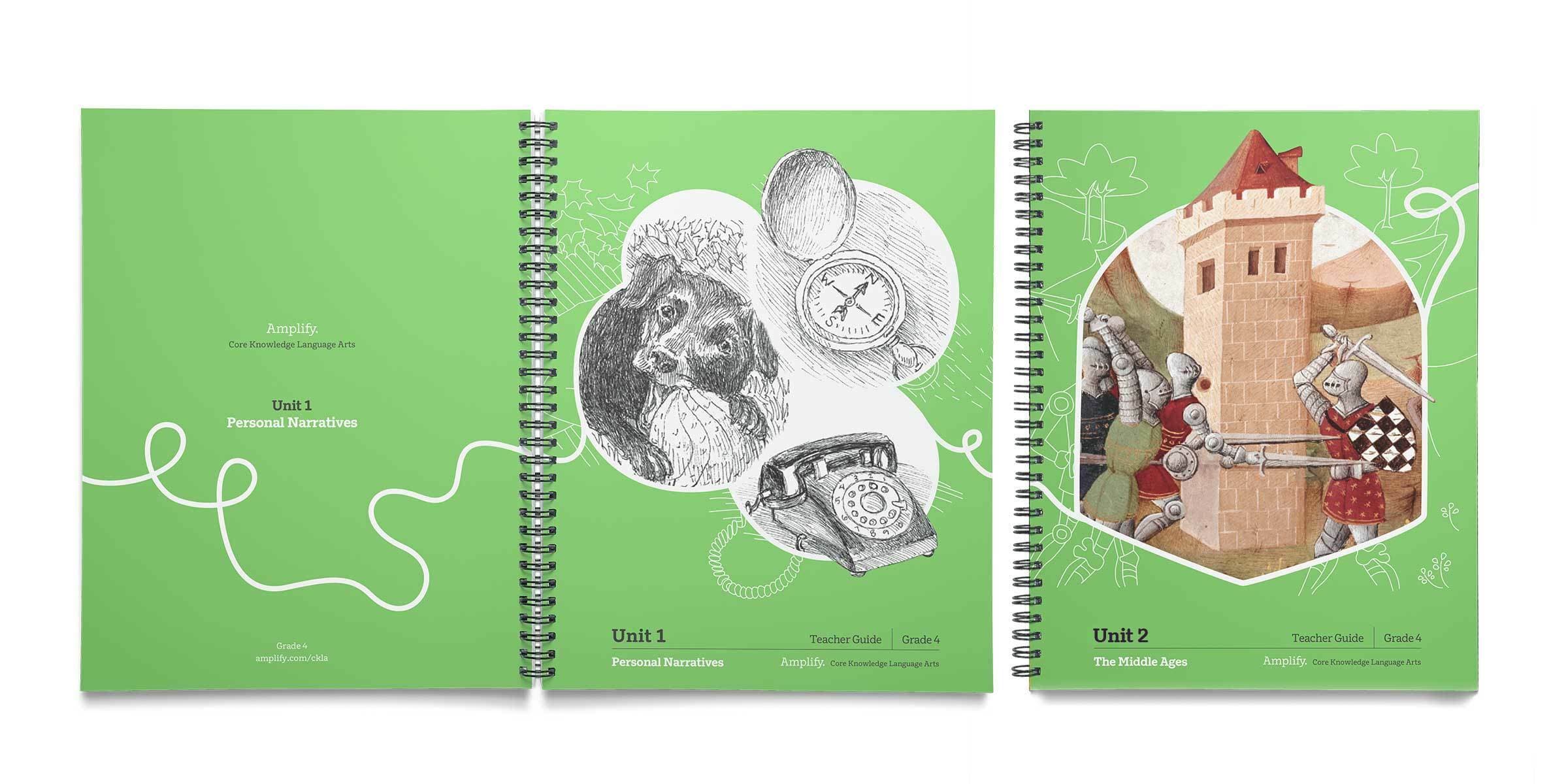 Three green, spiral-bound educational workbooks are shown. Each cover has white text; the left and center books are titled "Unit 1: Personal Narratives" with illustrations of a pocket watch, telephone, and mouse. The right book, "Unit 2: The Middle Ages," features medieval knights.