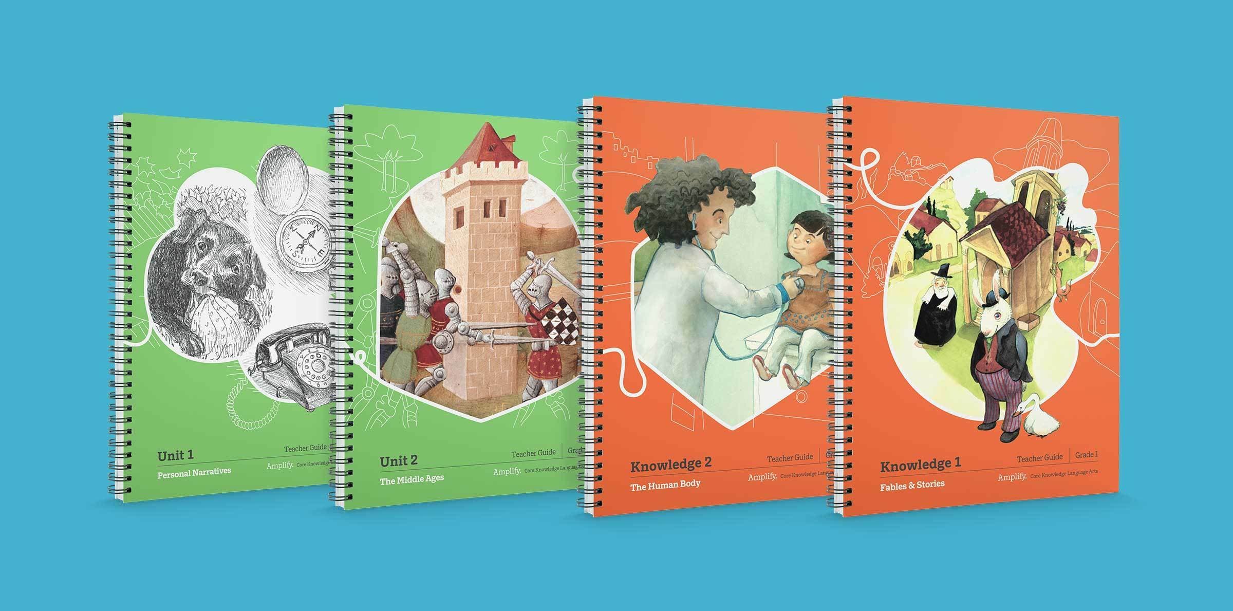 Four spiral-bound educational booklets are displayed in a row against a blue background. Each has a different colored cover: green, light green, orange, and dark orange, with varied illustrations. They are labeled "Unit 1" and "Unit 2," focusing on personal narratives and folktales.