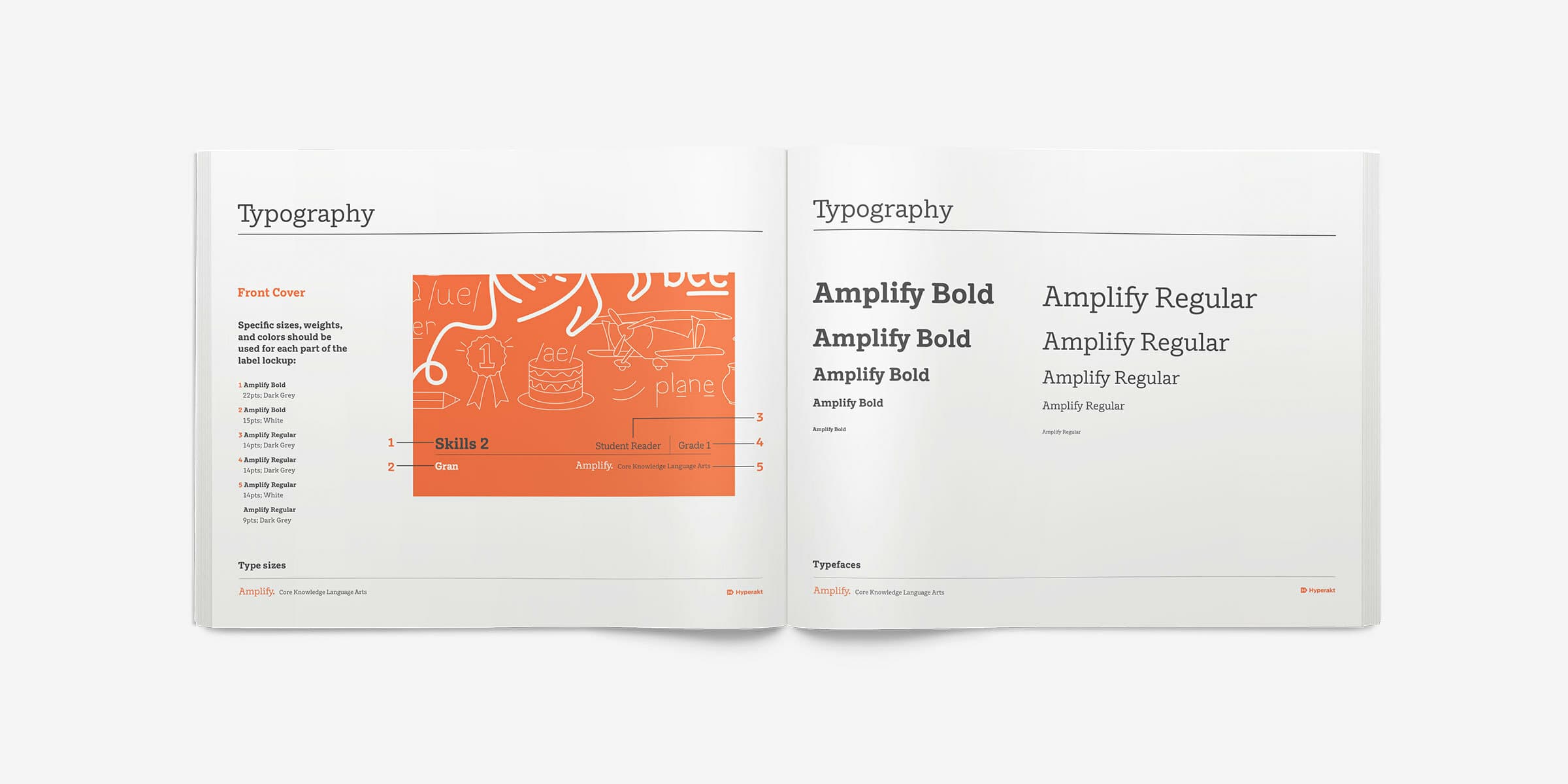 An open book displaying a section on typography. The left page shows various elements of design, including a sketch and icons with the label "Front Cover." The right page displays different font styles and weights labeled "Amplify Bold" and "Amplify Regular.