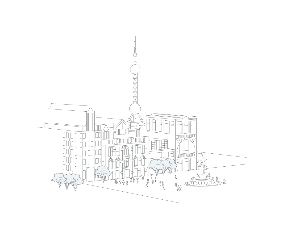 A minimalist line drawing depicts an urban scene with various buildings, including a tower with spherical structures, and a fountain surrounded by people and trees in an open square.