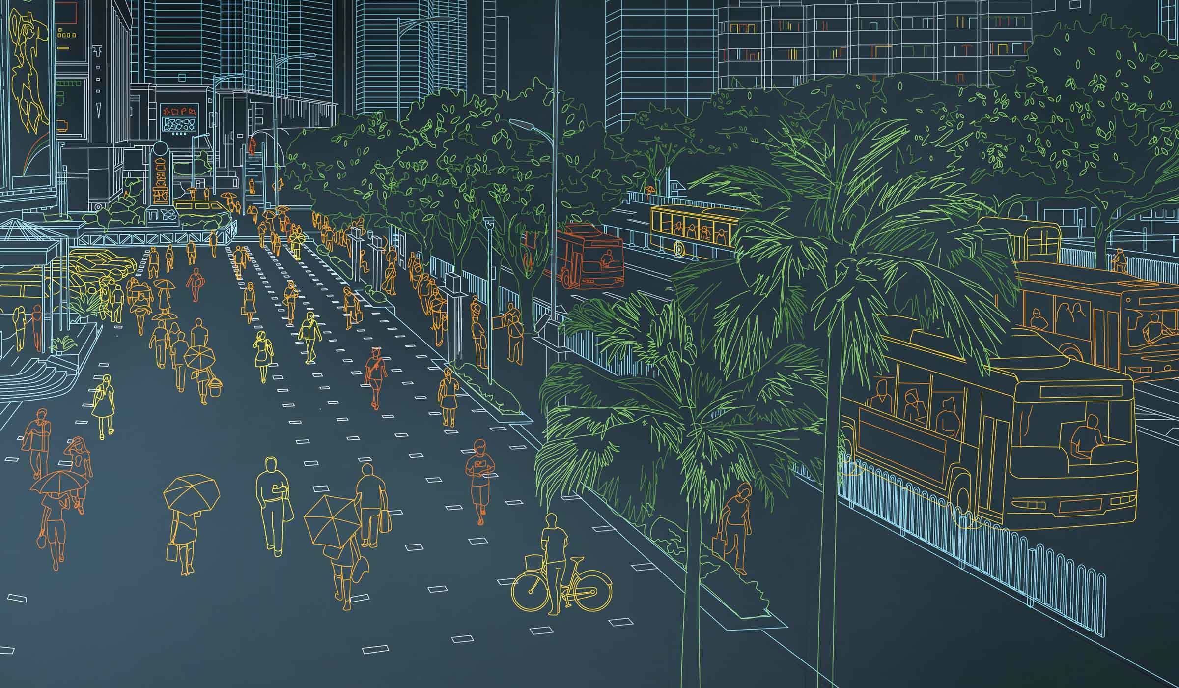 A vibrant city scene depicted in colorful line art, showing people walking, biking, and holding umbrellas on a busy street. High-rise buildings, trees, and buses are visible in the background, illustrating an urban environment filled with activity.