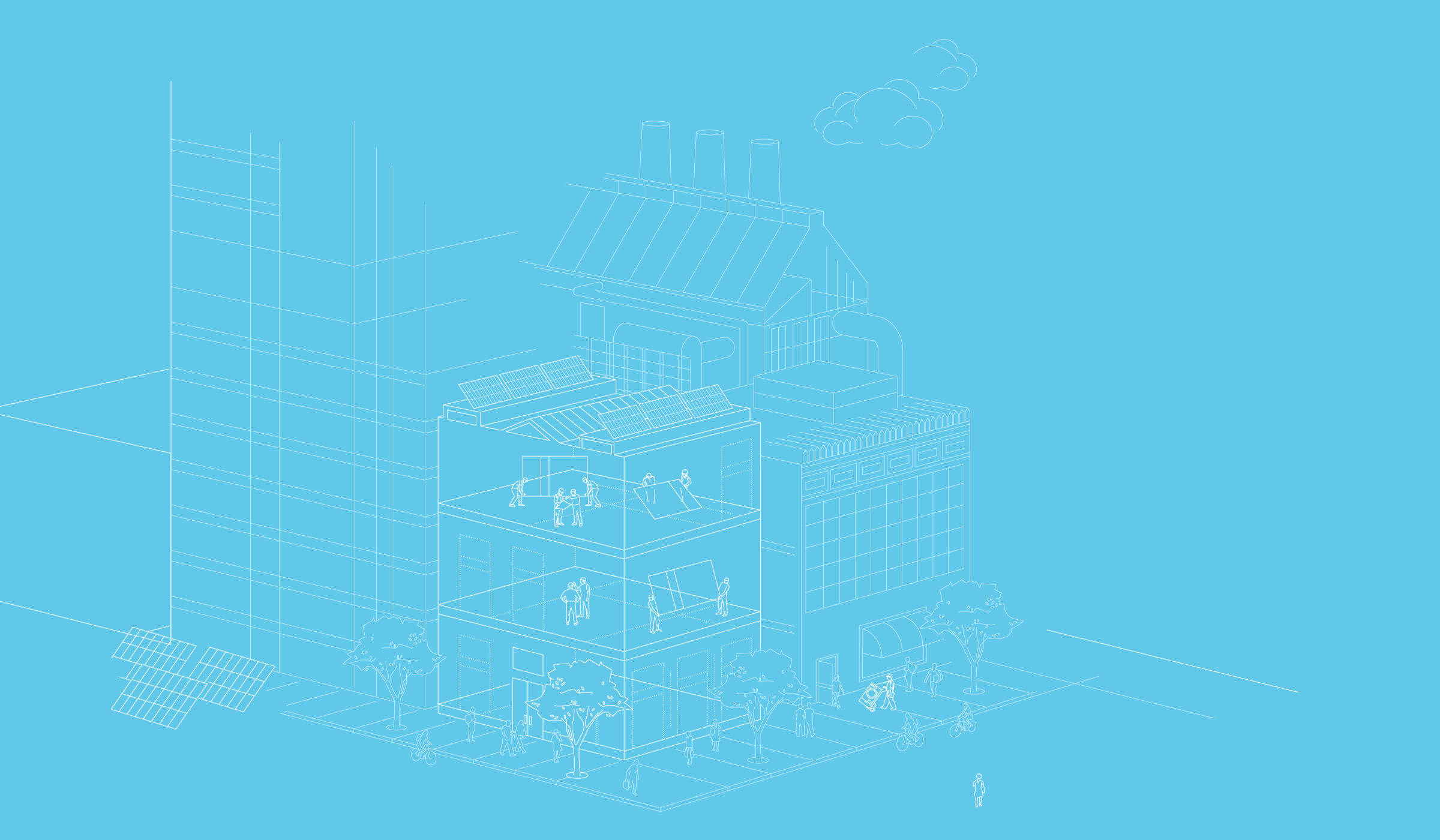 A minimalistic, architectural blueprint-style illustration of an urban scene. The image depicts a building with solar panels, trees on the sidewalk, a few people standing around, and a factory with chimneys in the background. The illustration is rendered in white lines on a blue background.