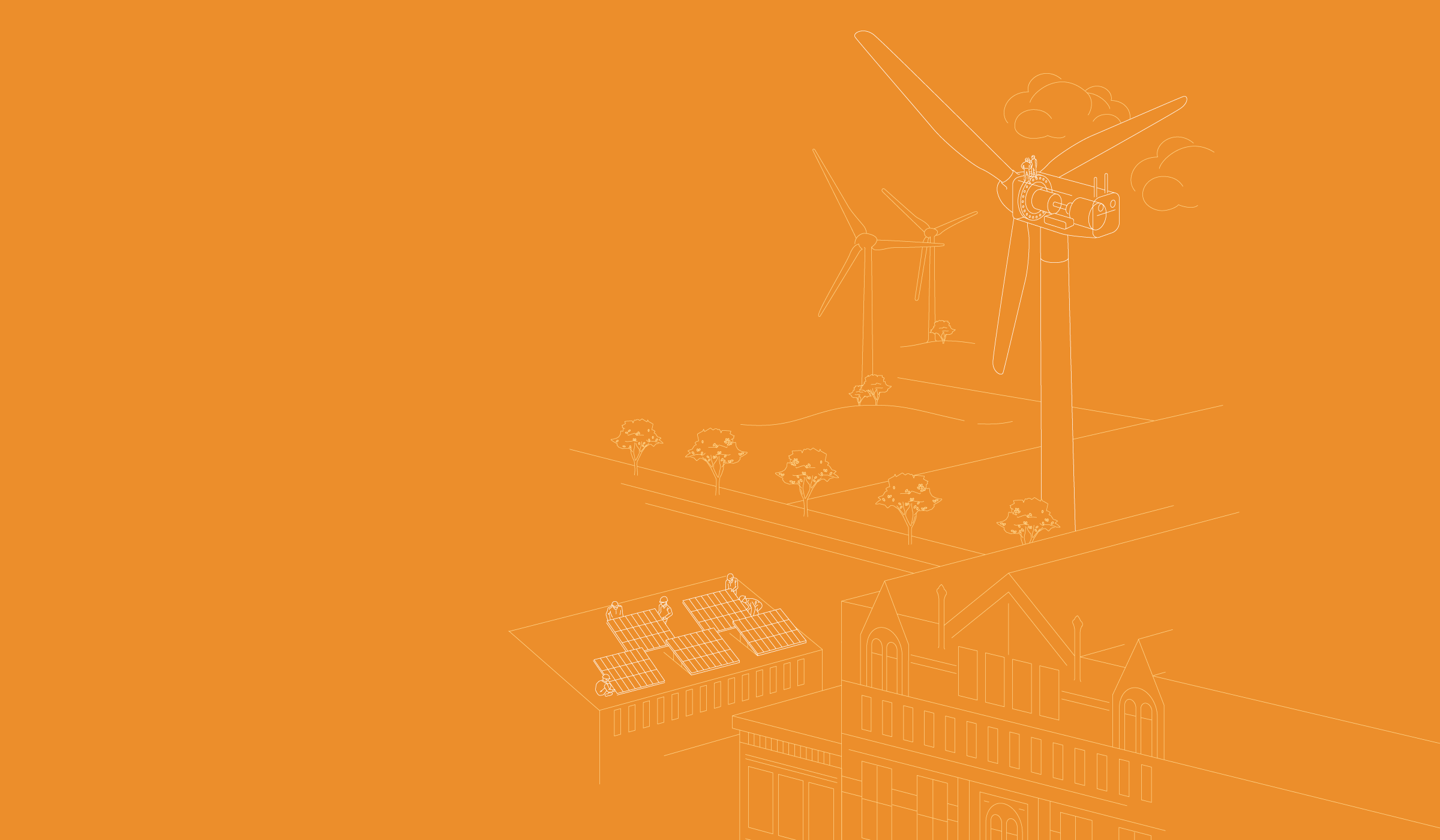 Minimalist illustration on an orange background showing wind turbines and buildings with solar panels. Trees are scattered throughout the landscape, emphasizing renewable energy sources and eco-friendly architecture.