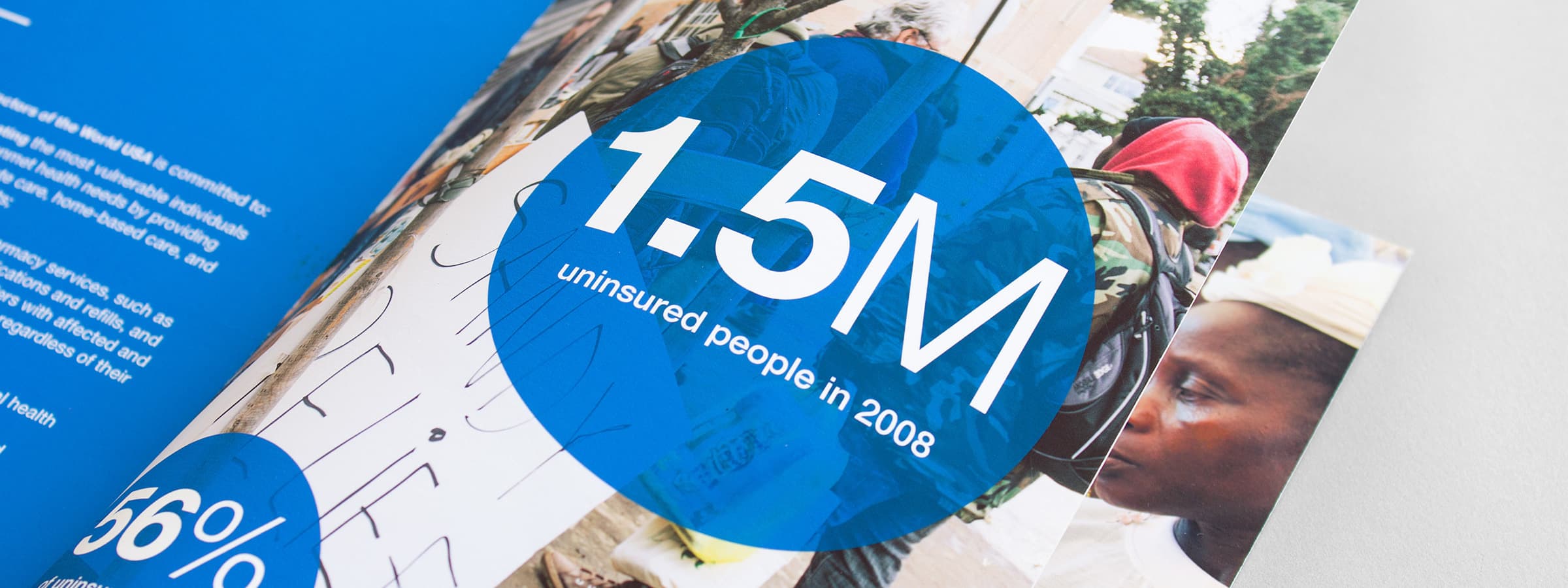 A close-up of a brochure with a blue circular overlay displaying the text "1.5M uninsured people in 2008." The background shows an image of people, including a person wearing a red headscarf and another person in a white headwrap.