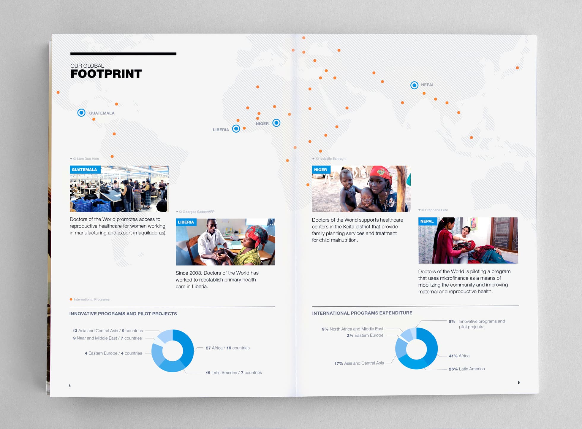 A two-page spread shows a world map with dots indicating various locations. The pages highlight projects in Guatemala, Mali, and Nepal, featuring small images and descriptions. Pie charts at the bottom display data on program categories and international spending.