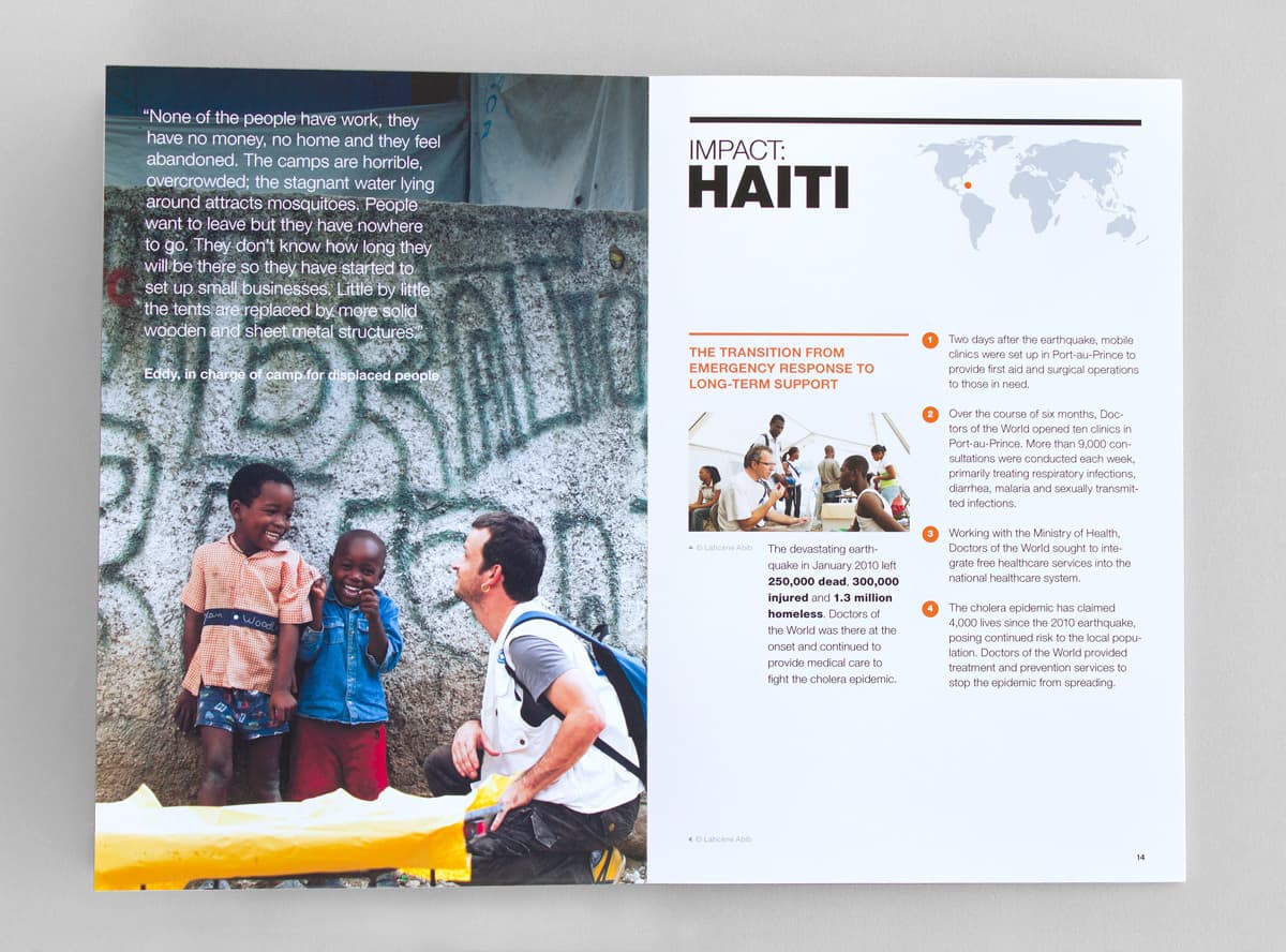 A spread from a report about Haiti. The left page shows a man interacting with two smiling children in front of a wall. The right page includes text about Haiti with an orange title, "Impact: Haiti," and a small world map highlighting Haiti's location.