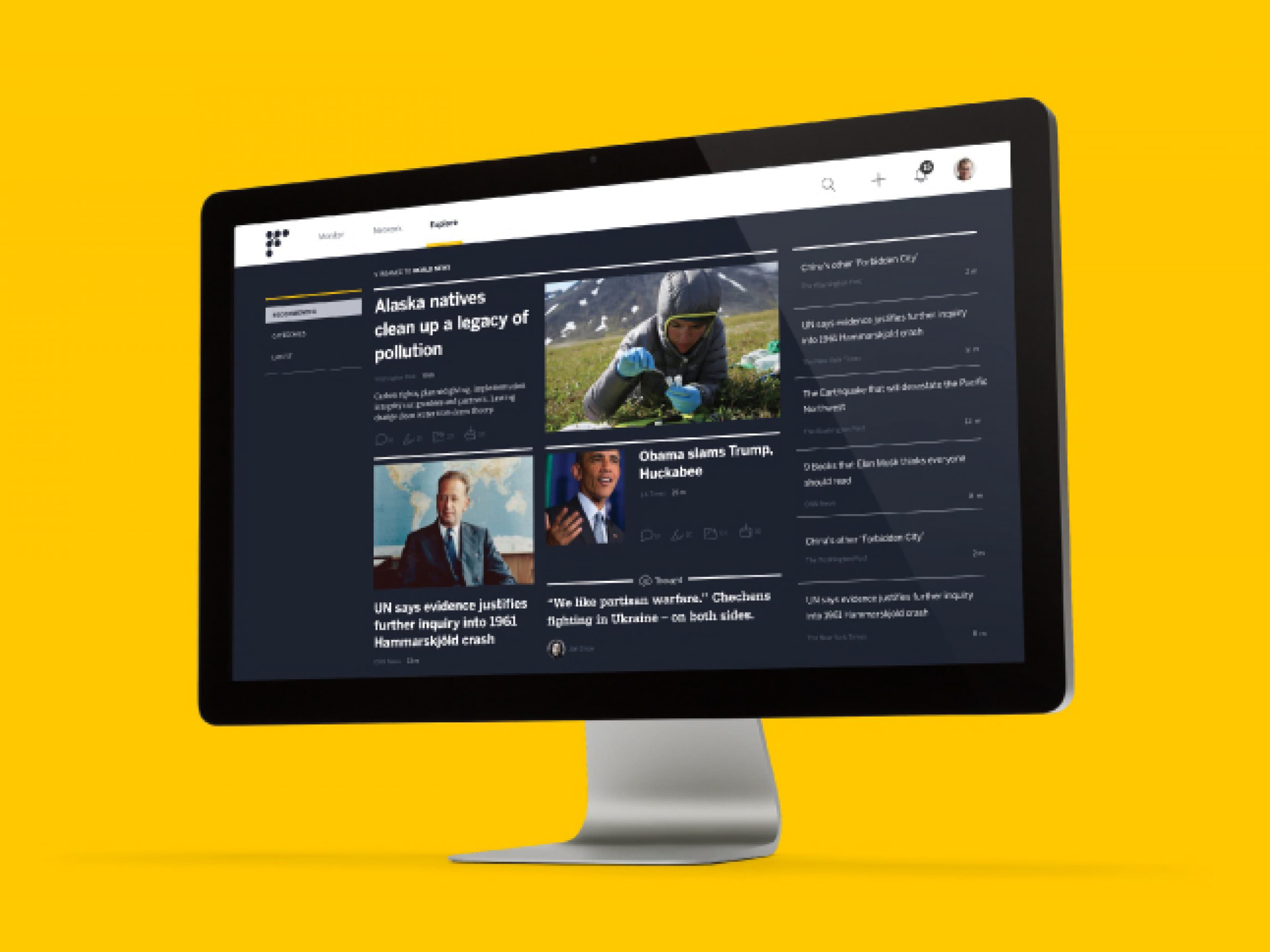 A computer monitor displaying a news website with a yellow background. The website shows various news articles with thumbnails, headlines, and brief descriptions. The leading article is about Alaska natives cleaning up pollution. Other articles feature political and global news.