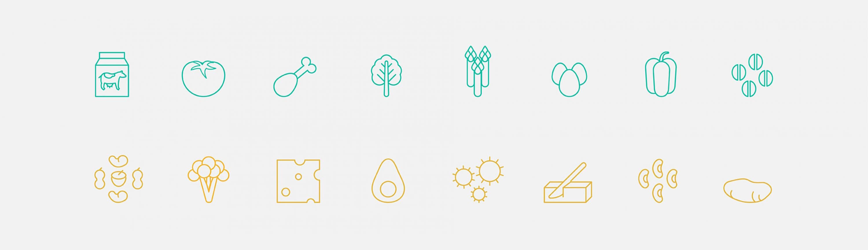 Line art icons of various foods. Top row: milk, tomato, chicken leg, broccoli, asparagus, mushroom, bell pepper, coffee beans. Bottom row: beans, cauliflower, cheese, avocado, citrus fruits, butter, peanuts. Top row icons are teal, and bottom row icons are mustard yellow.