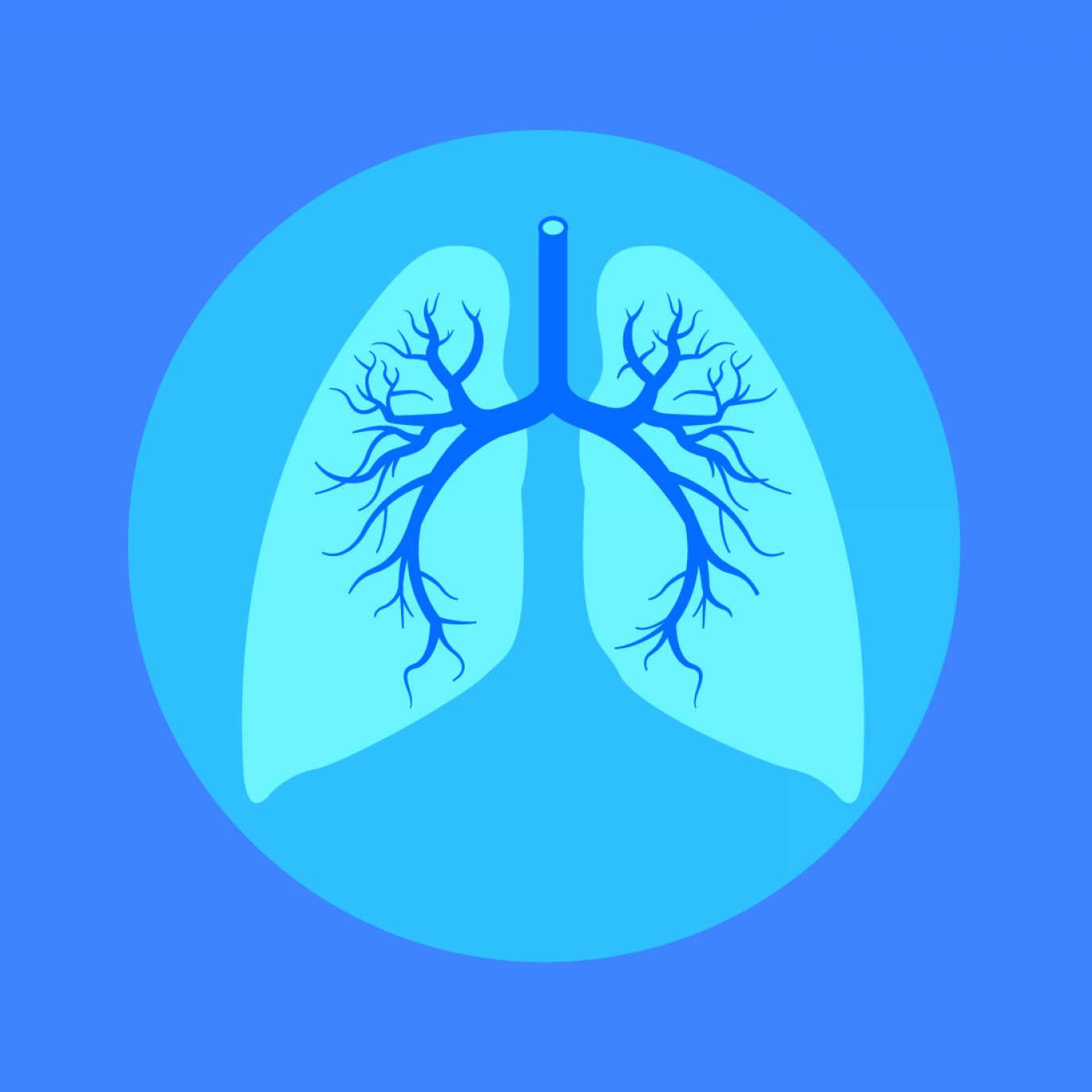 Illustration of human lungs on a blue background. The lungs are depicted in light blue with dark blue branching bronchial tubes, all enclosed within a circular blue gradient.
