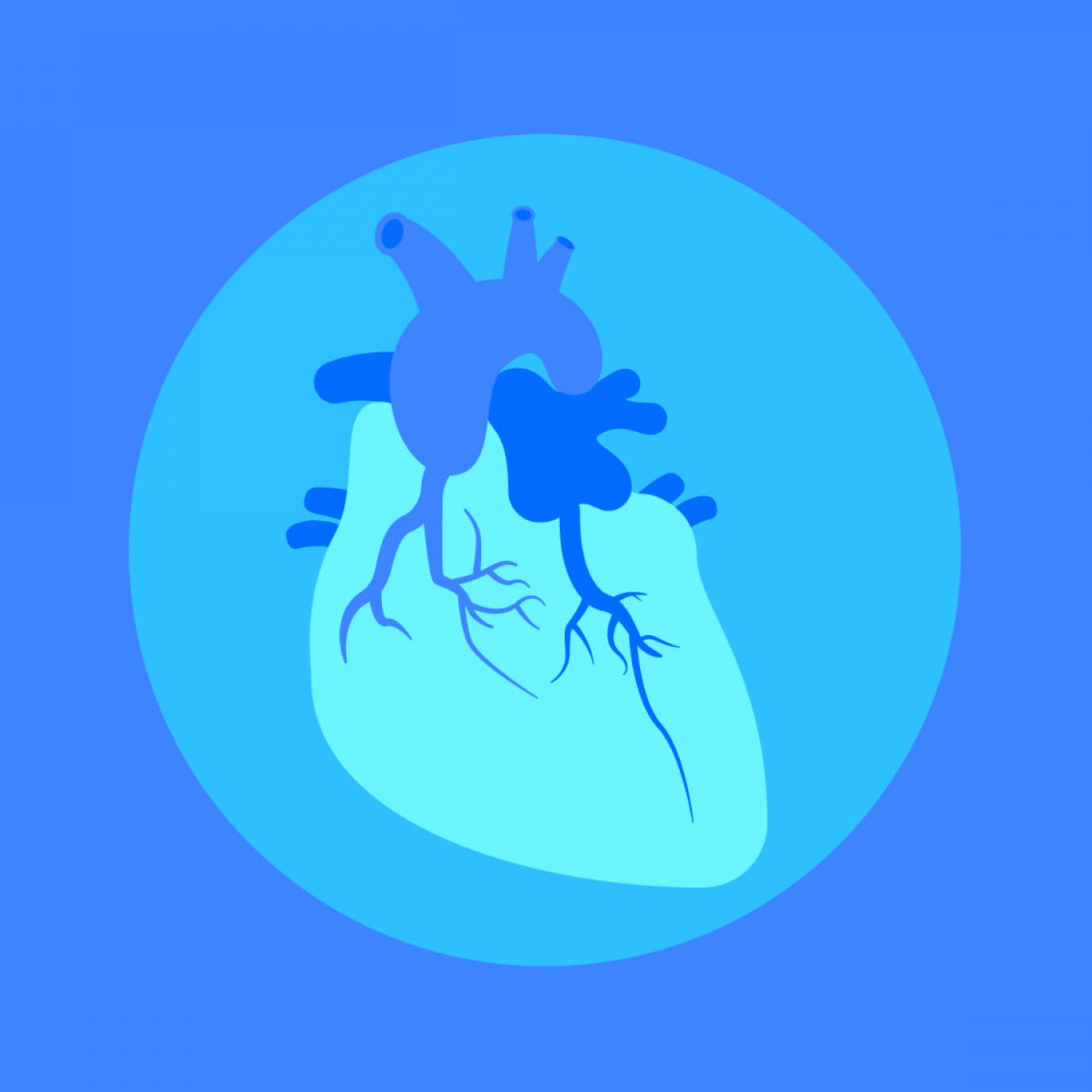 Illustrated image of a human heart in shades of blue, showcasing the organ's major structures against a circular background. The image emphasizes the heart's anatomy with branching blood vessels and prominent features in a simplified, stylized manner.