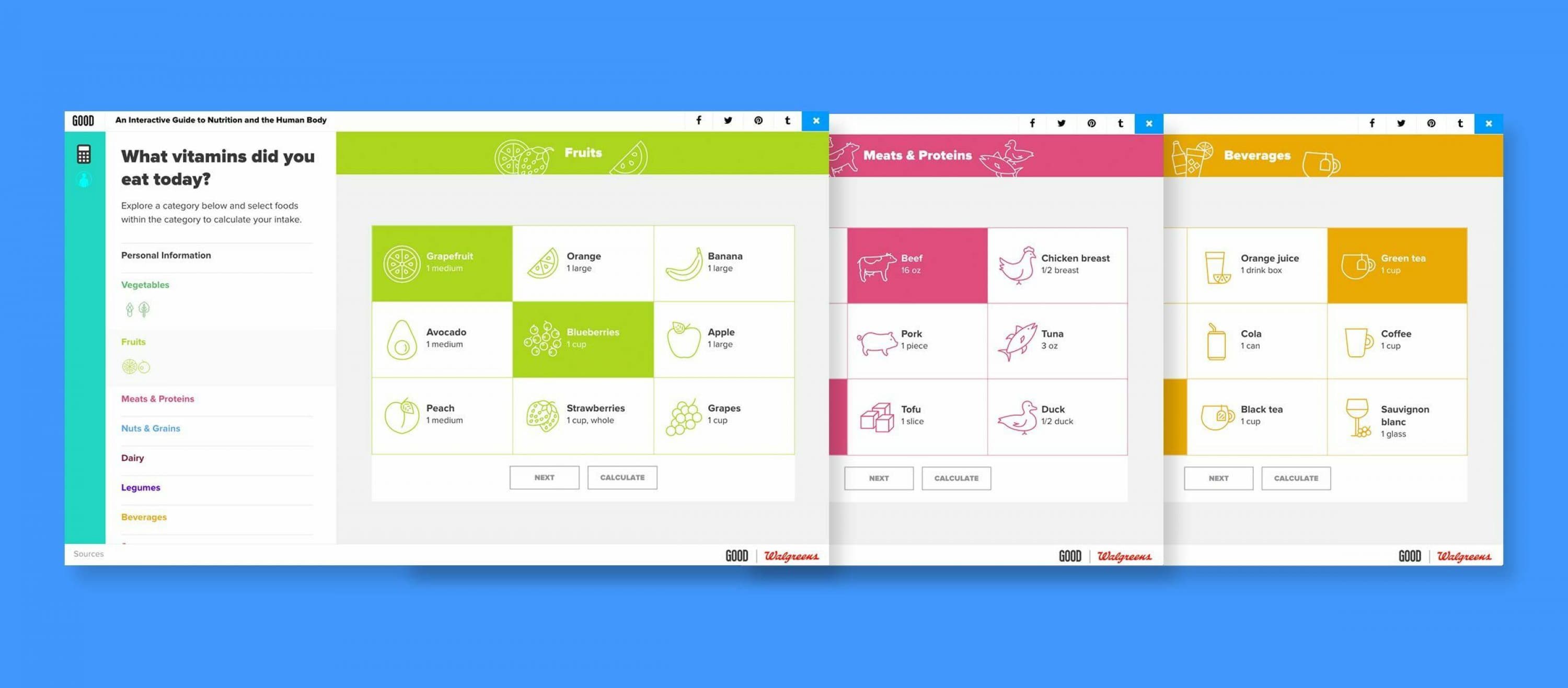 A digital interface displays three sections: Fruits, Meats & Proteins, and Beverages, each with a distinct background color (green, pink, and yellow respectively). The sections list various food and drink items with icons, checkboxes, and navigation buttons.