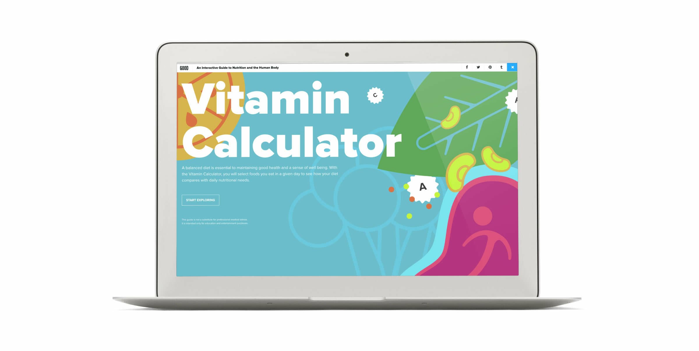 Image of a laptop screen displaying a colorful webpage with the title "Vitamin Calculator". The screen shows various abstract illustrations of fruits and vegetables. There is a button labeled "START EXPLORING" below the title. The background is mostly teal blue.