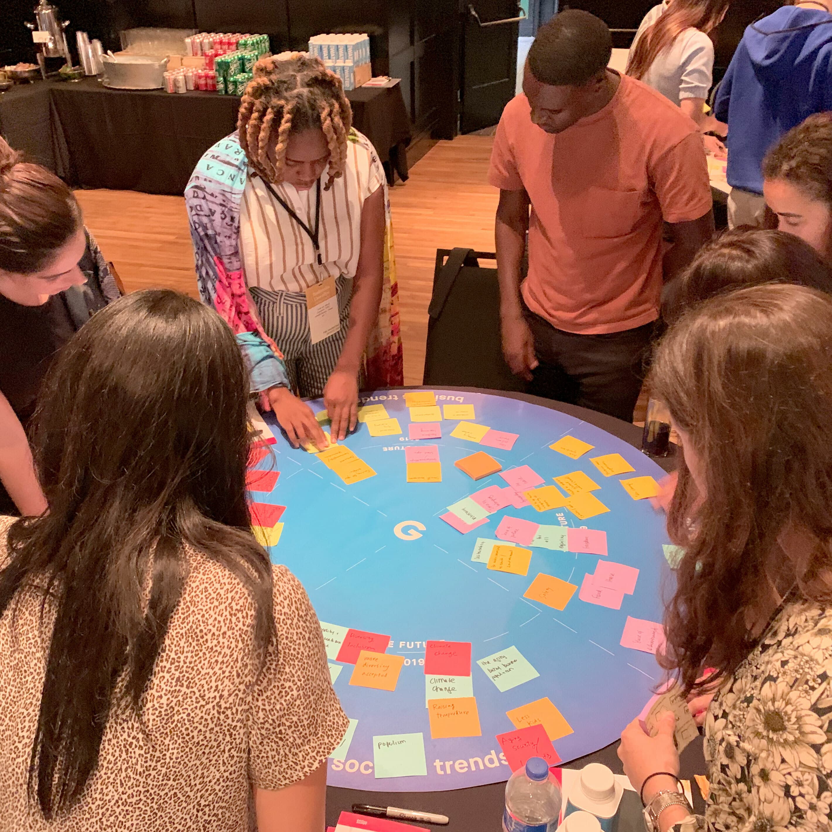 A diverse group of people are gathered around a circular table, actively engaged in a collaborative activity with colorful sticky notes. The table is covered in a blue mat with labeled sections, and the background includes refreshments and supplies on tables.