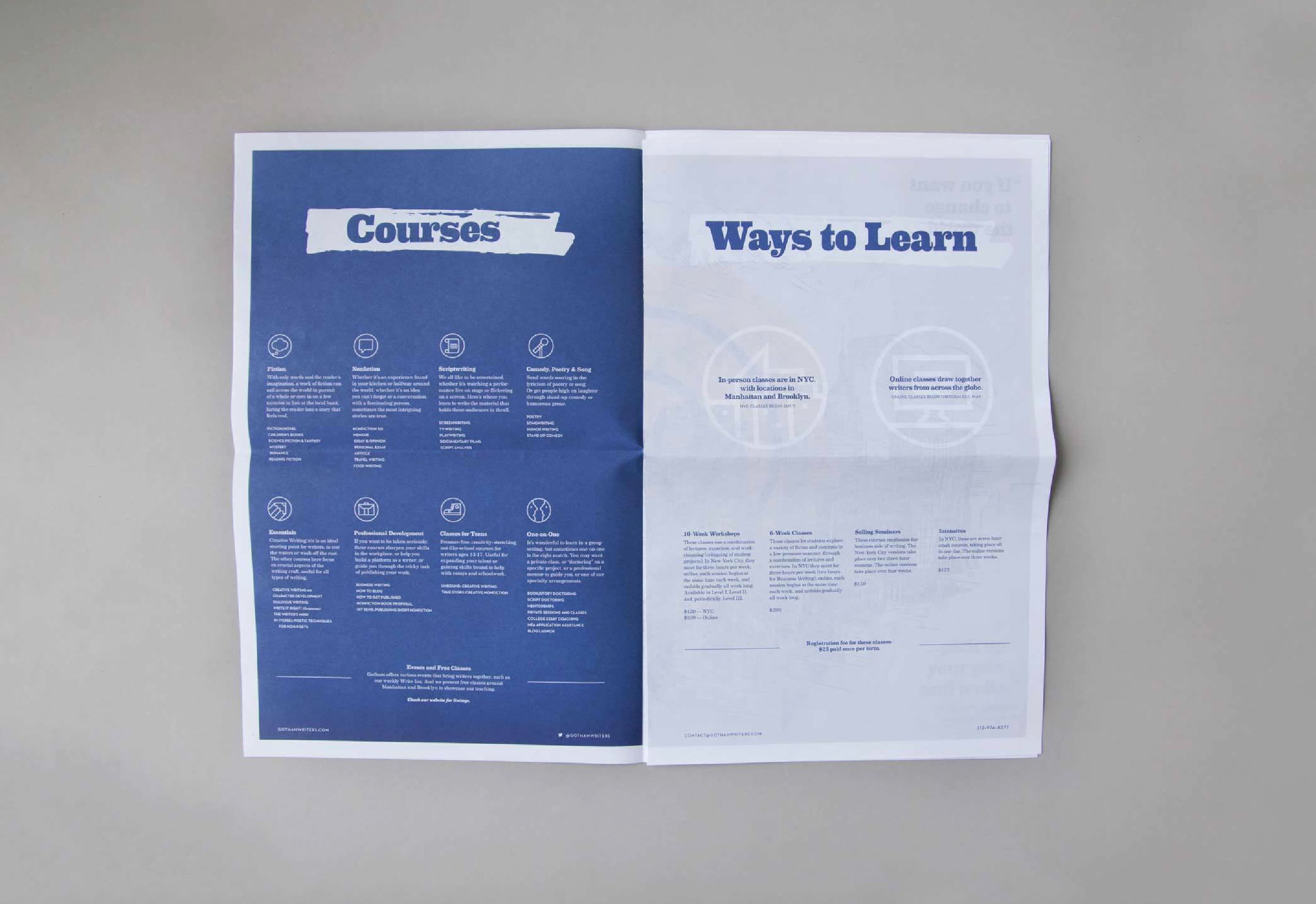 A newspaper spread with two pages. The left page, under the heading "Courses," lists various courses with icons and descriptions. The right page, titled "Ways to Learn," outlines different learning methods. The background is white with blue text and graphics.