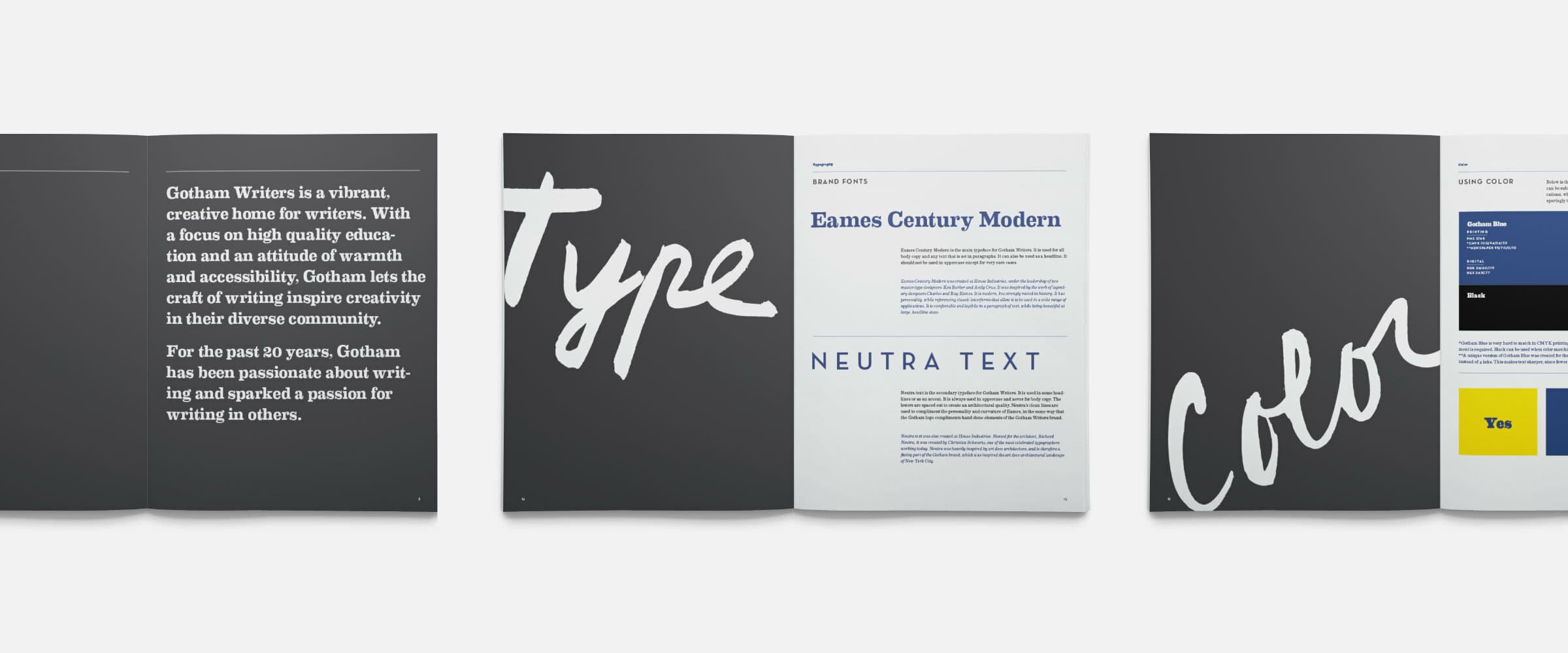 Image showing a spread of open design books. The first and second books focus on typography, with bold white text reading "Type". The third book's page displays "Eames Century Modern" typography. The fourth book focuses on color, with bold text reading "Color".