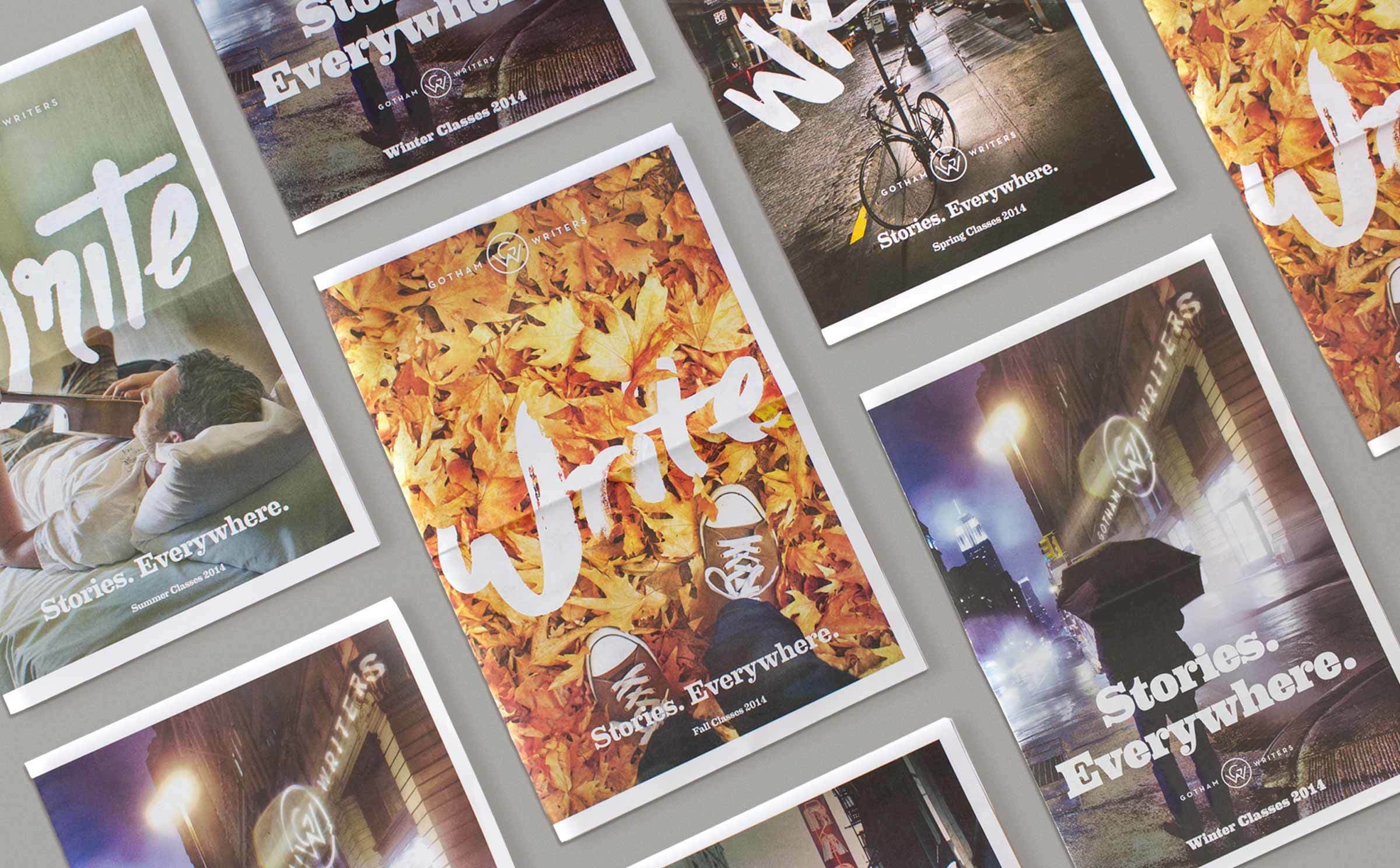 A collection of postcards is arranged on a light grey surface, featuring various images with the word "Write" and the phrase "Stories. Everywhere." Examples include a person writing in bed, bicycles and leaves, and a person carrying an umbrella in a city.