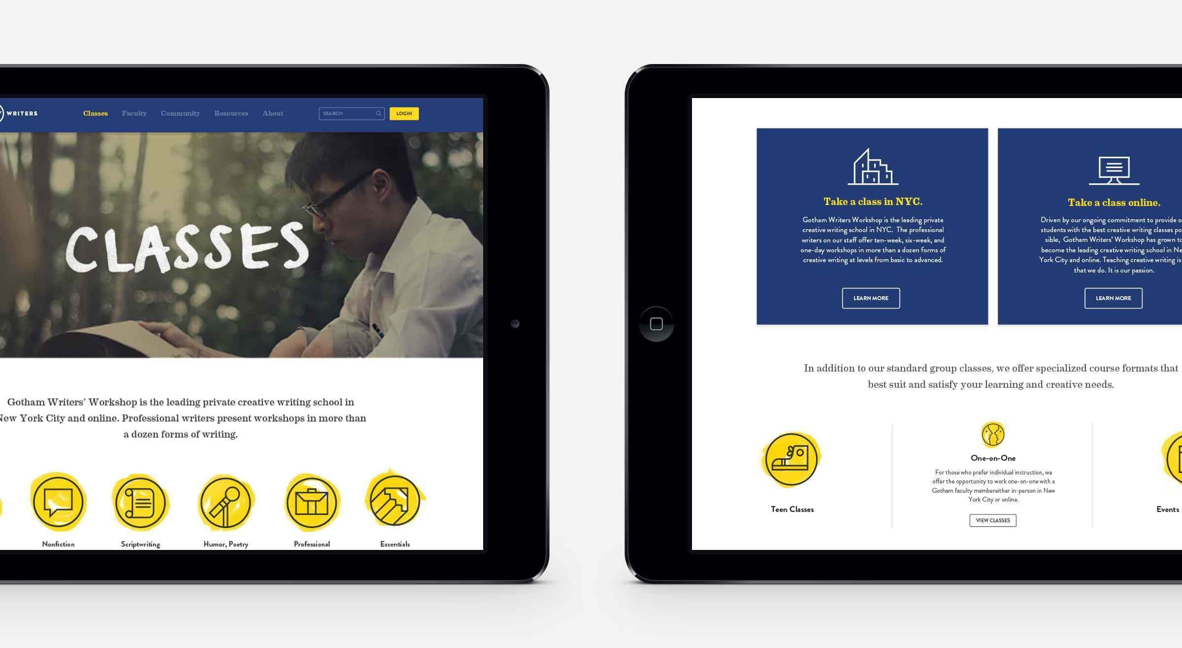 Two tablets display a website for creative writing classes. The left screen shows a person writing outdoors with text reading "CLASSES." The right screen highlights class options: "Take a class in NYC" and "Take a class online," along with icons and additional details.