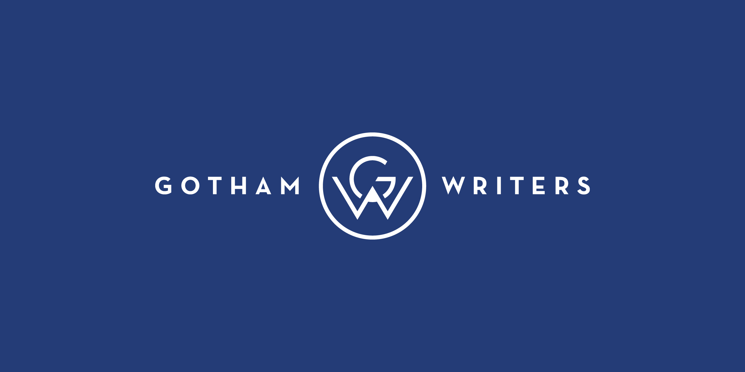 A blue image with the text “Gotham Writers” in white, left-aligned and right-aligned with a circular logo in the center containing the intertwined letters "G" and "W" in white.