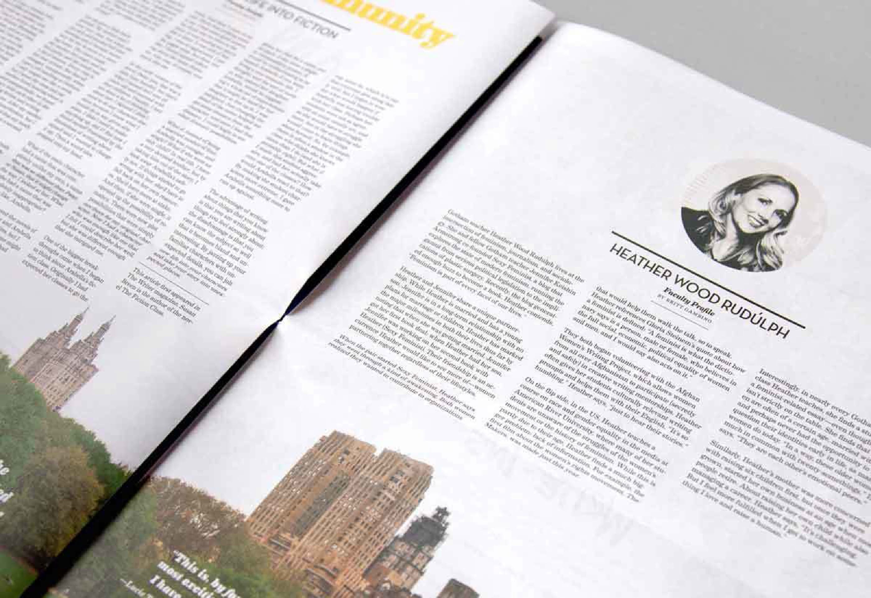 Image of a magazine spread featuring an article with several columns of text. On the right page, there is a small circular headshot of a person beside their short bio and name, "Heather Wood Rudolph." The bottom section of both pages shows photos of buildings.