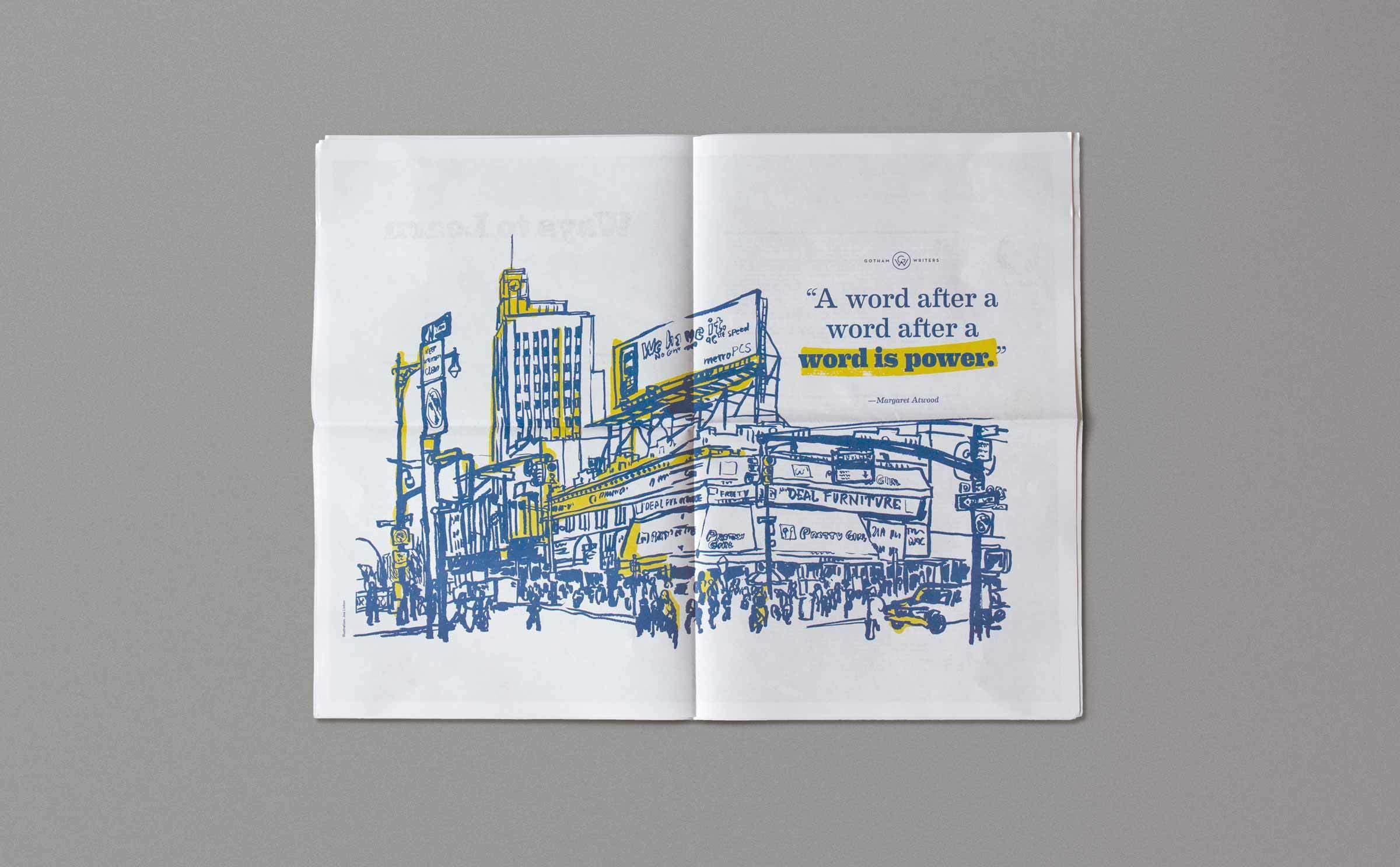 An open book showing an illustrated street scene with buildings, signs, and billboards. A quote on the right page reads, "A word after a word after a word is power." —Margaret Atwood. The drawing is in blue and yellow ink on a white background.
