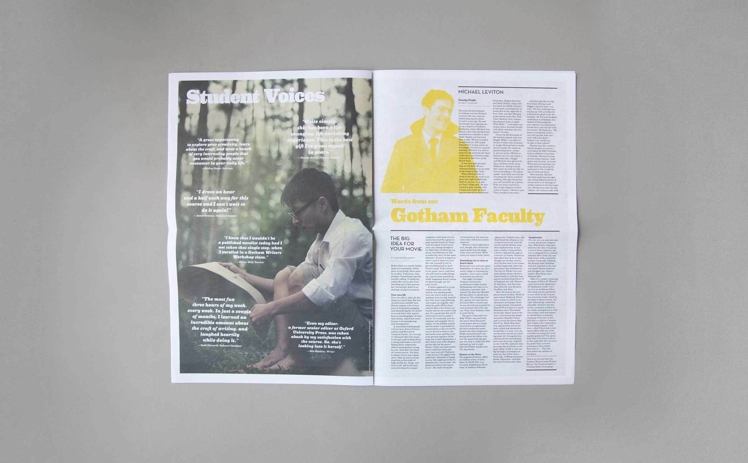 An open magazine spread featuring a page titled "Student Voices" on the left with a photo of a student reading a book outdoors and an article on the right titled "Gotham Faculty" with a prominent section showing a photo of a man in yellow.