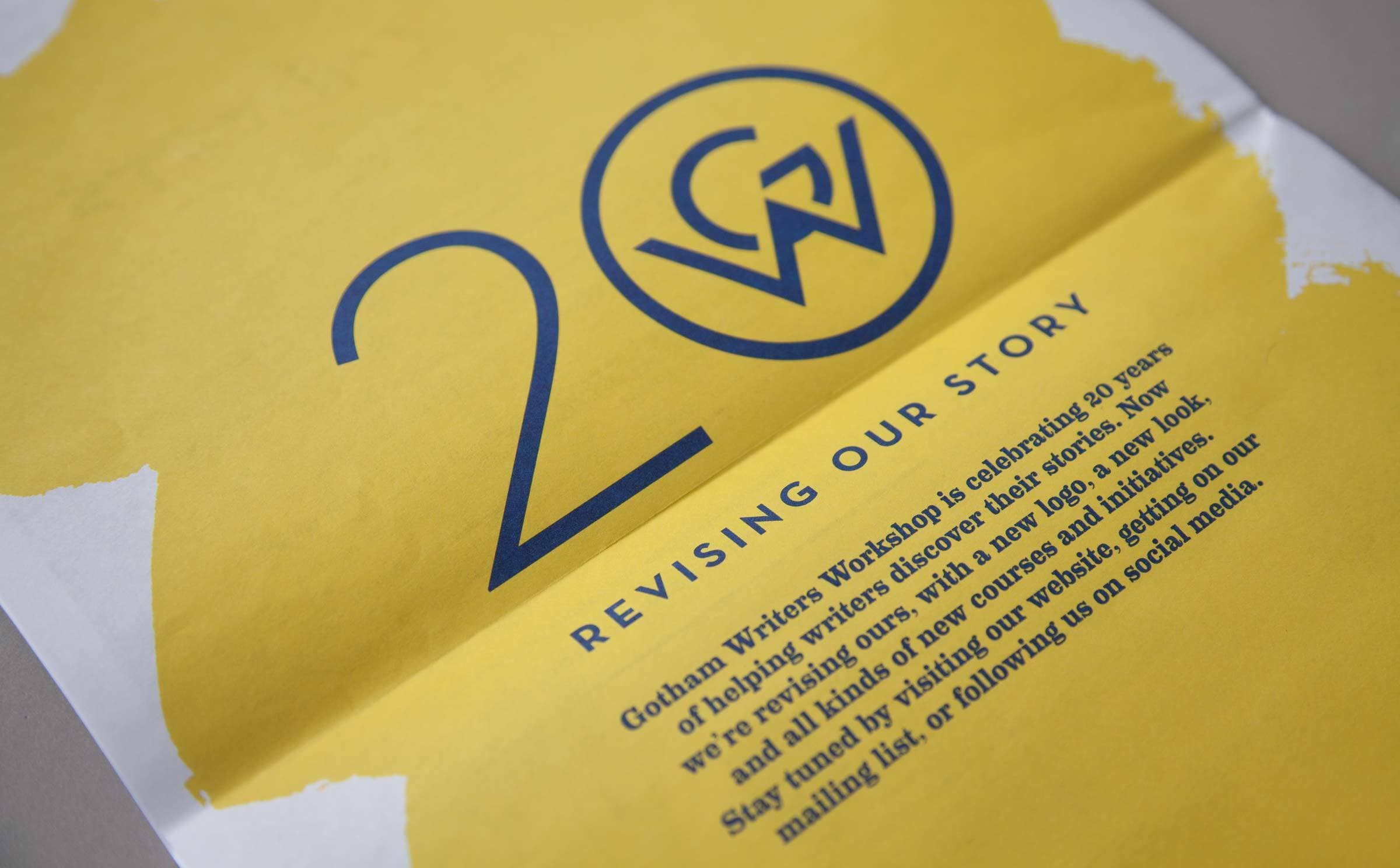 A poster with a yellow background displaying a large "20" with interlocking "G" and "W" letters, signifying Gotham Writers Workshop's 20th anniversary. Below, text reads: "REVISING OUR STORY" and includes information on their new logo, updated website, and mailing list.
