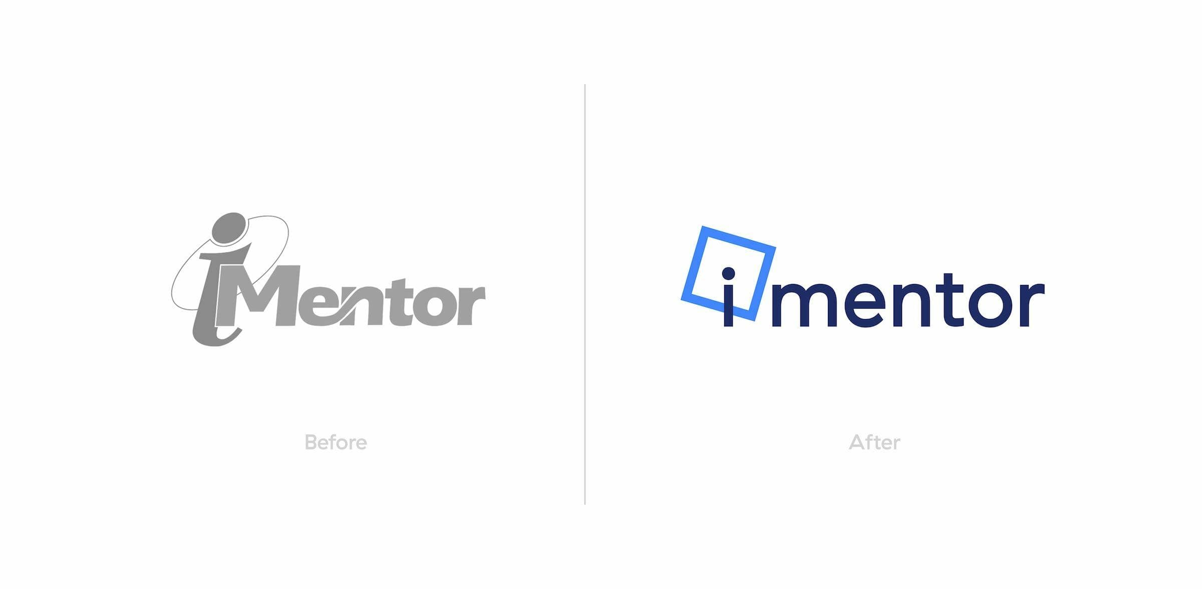 A comparison of the iMentor logo before and after redesign. The "Before" logo has the word "Mentor" with an abstract figure behind it. The "After" logo features a blue square tilted with the lowercase letter "i" inside, followed by "mentor" in a modern font.