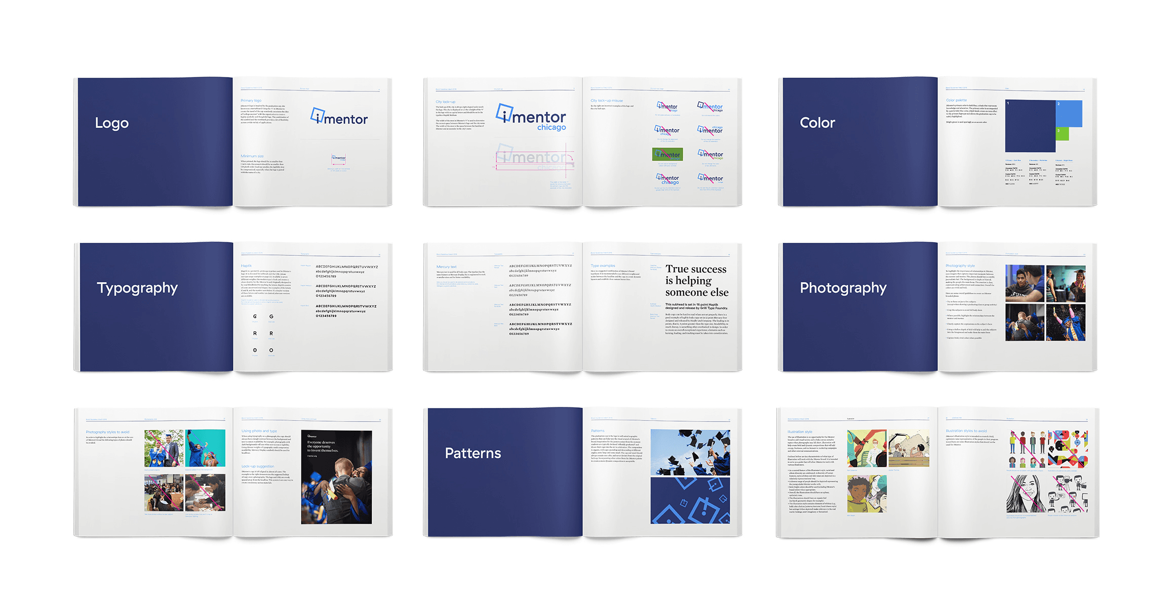 Open books displayed in a grid pattern, each showing different pages of a brand guideline manual. Categories include Logo, Color, Typography, Photography, and Patterns, featuring detailed instructions, images, and design elements related to each category.