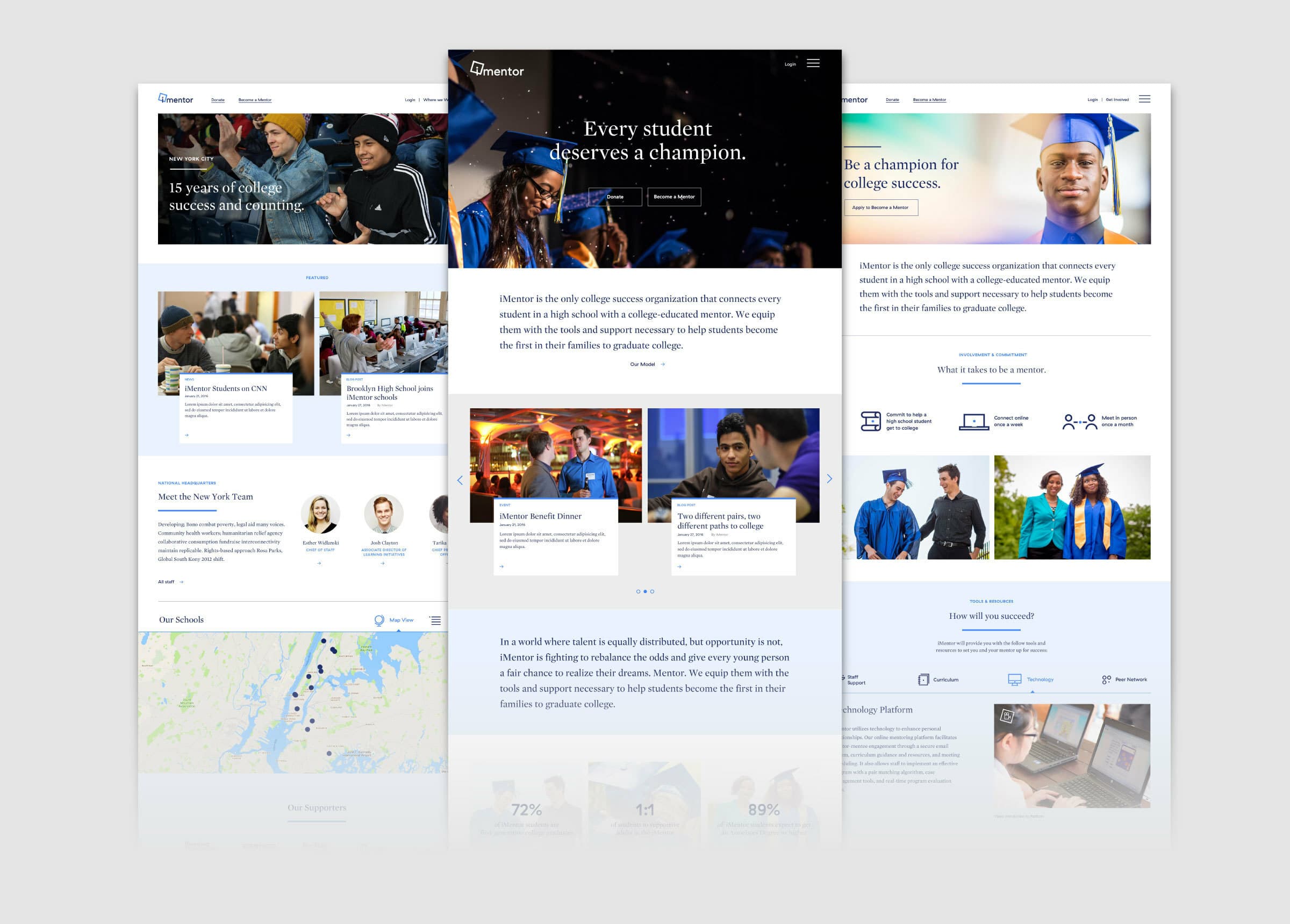 A composite image of three web pages from iMentor. Each page features students in graduation attire, text highlighting mentorship programs, and images of people participating in activities. The designs emphasize education, support, and achievements.