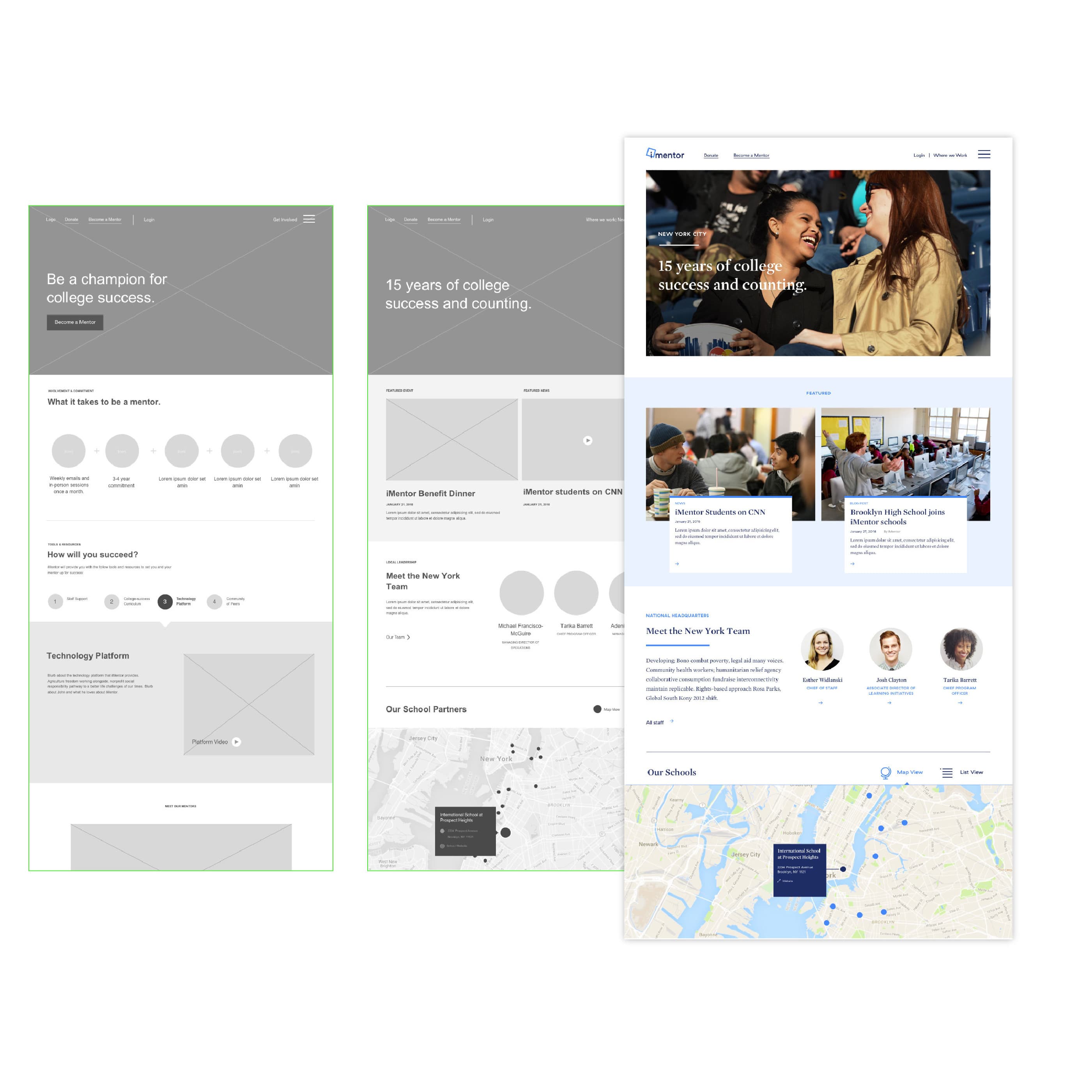 Comparison of wireframe (left) and final design (right) of a website. The wireframe shows placeholders for text, images, and maps, while the final design features images of people, text headers, and an interactive map at the bottom.