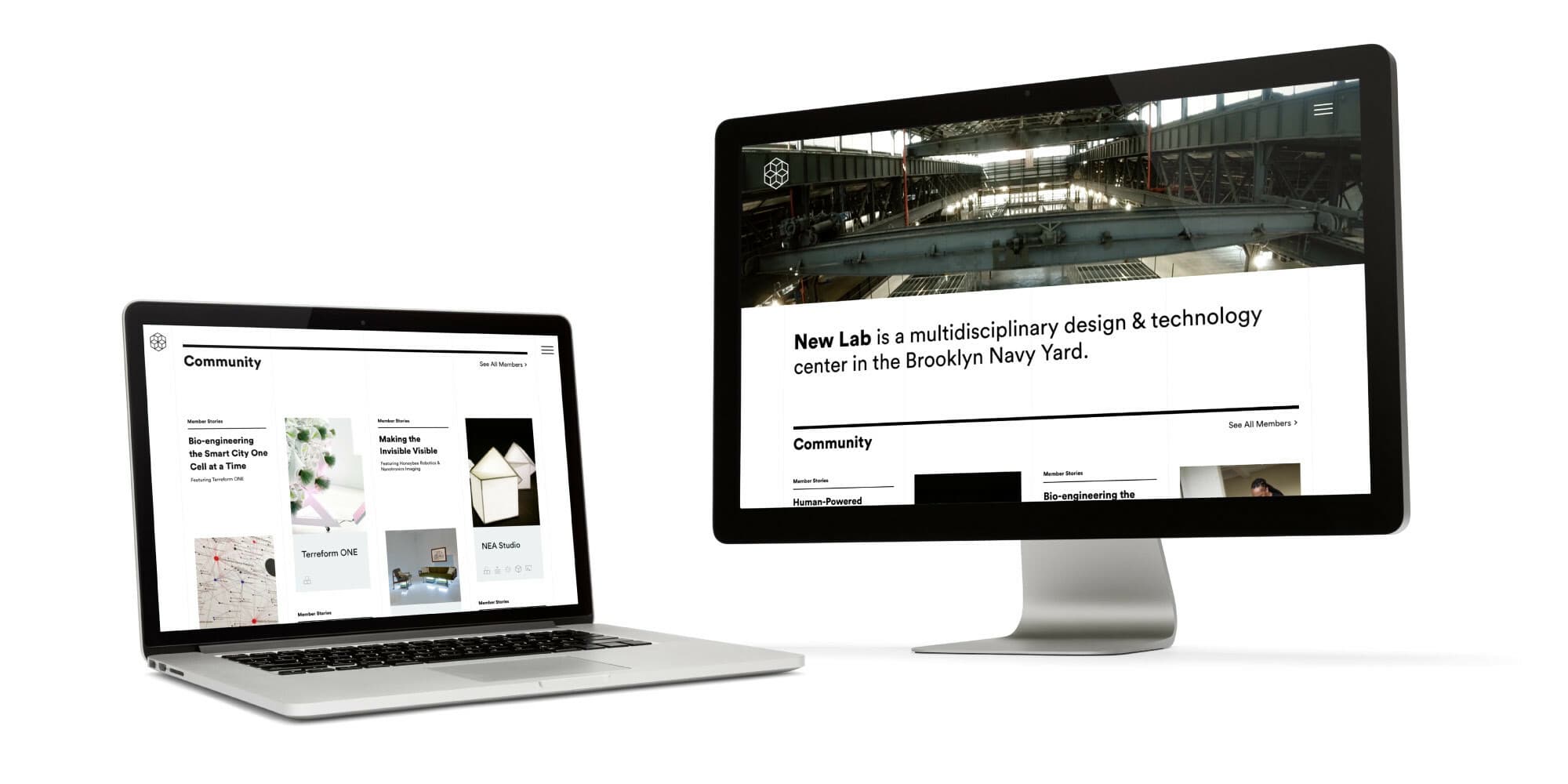 A laptop and a desktop monitor displaying the website of "New Lab," a multidisciplinary design and technology center located in Brooklyn Navy Yard. The website features a clean, modern design with sections for community news and project showcases.
