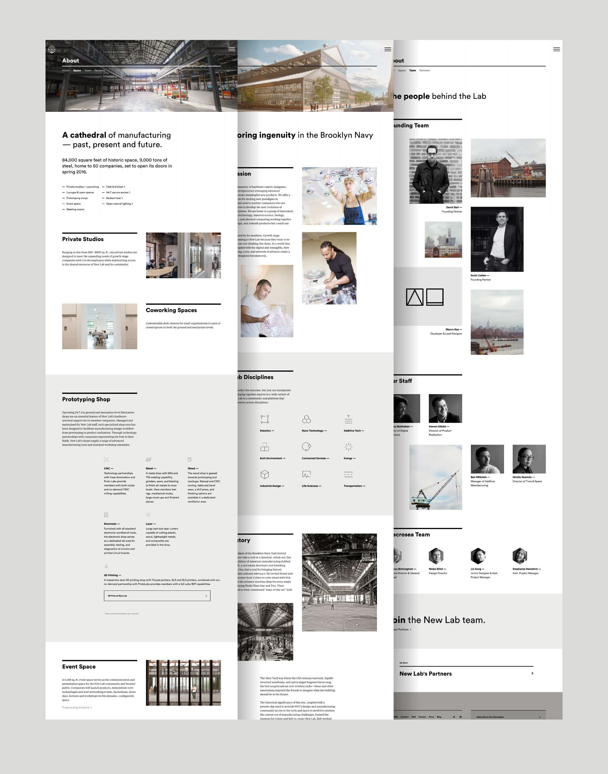 A collage of webpage designs showcasing an industrial-themed website. It includes images of machinery, manufacturing areas, and team members. Text discusses historical and modern manufacturing, innovation, team bios, project descriptions, and event spaces.
