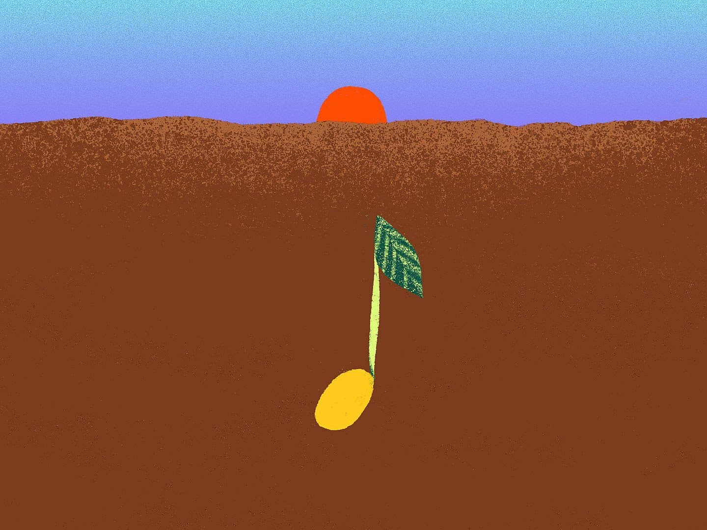A stylized image of a sunset over a brown landscape, with a large musical note embedded in the ground. The note’s stem has a green leaf, resembling a plant sprouting from the soil.