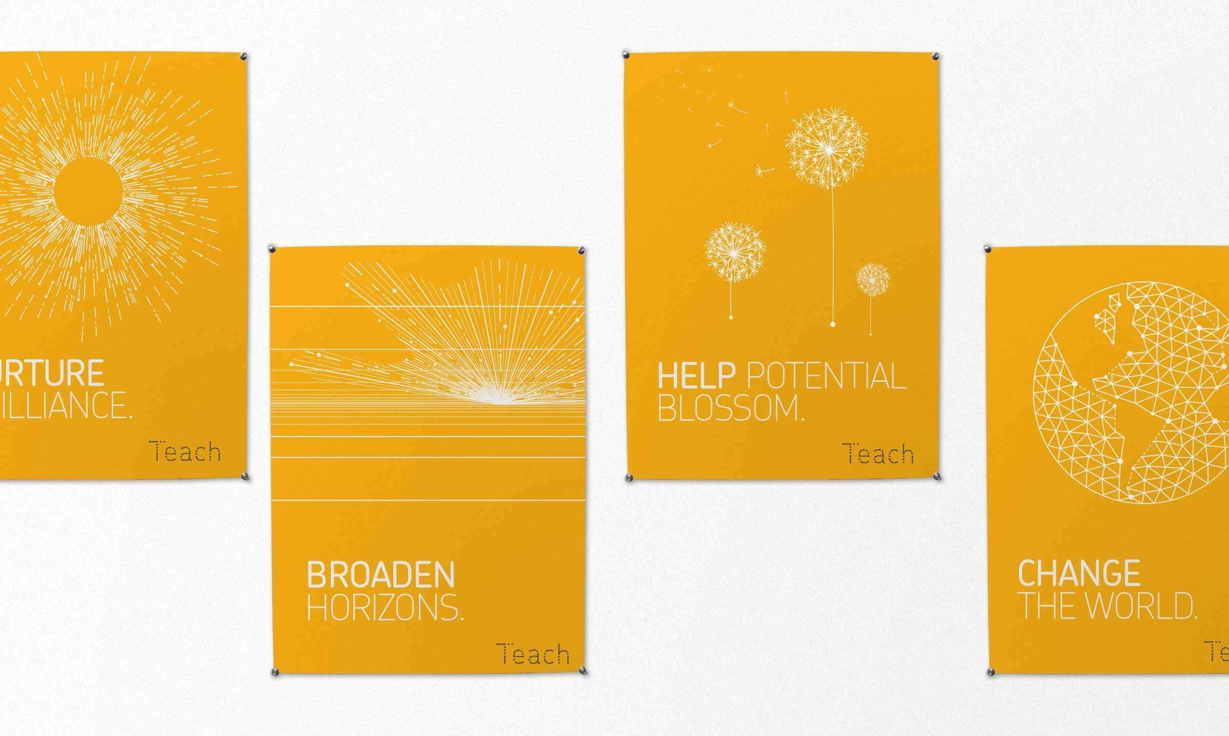 Four orange posters with white text and designs are pinned on a white wall. Text on the posters: "Nurture Brilliance," "Broaden Horizons," "Help Potential Blossom," and "Change the World." Each poster features a unique line or dot pattern associated with its message.