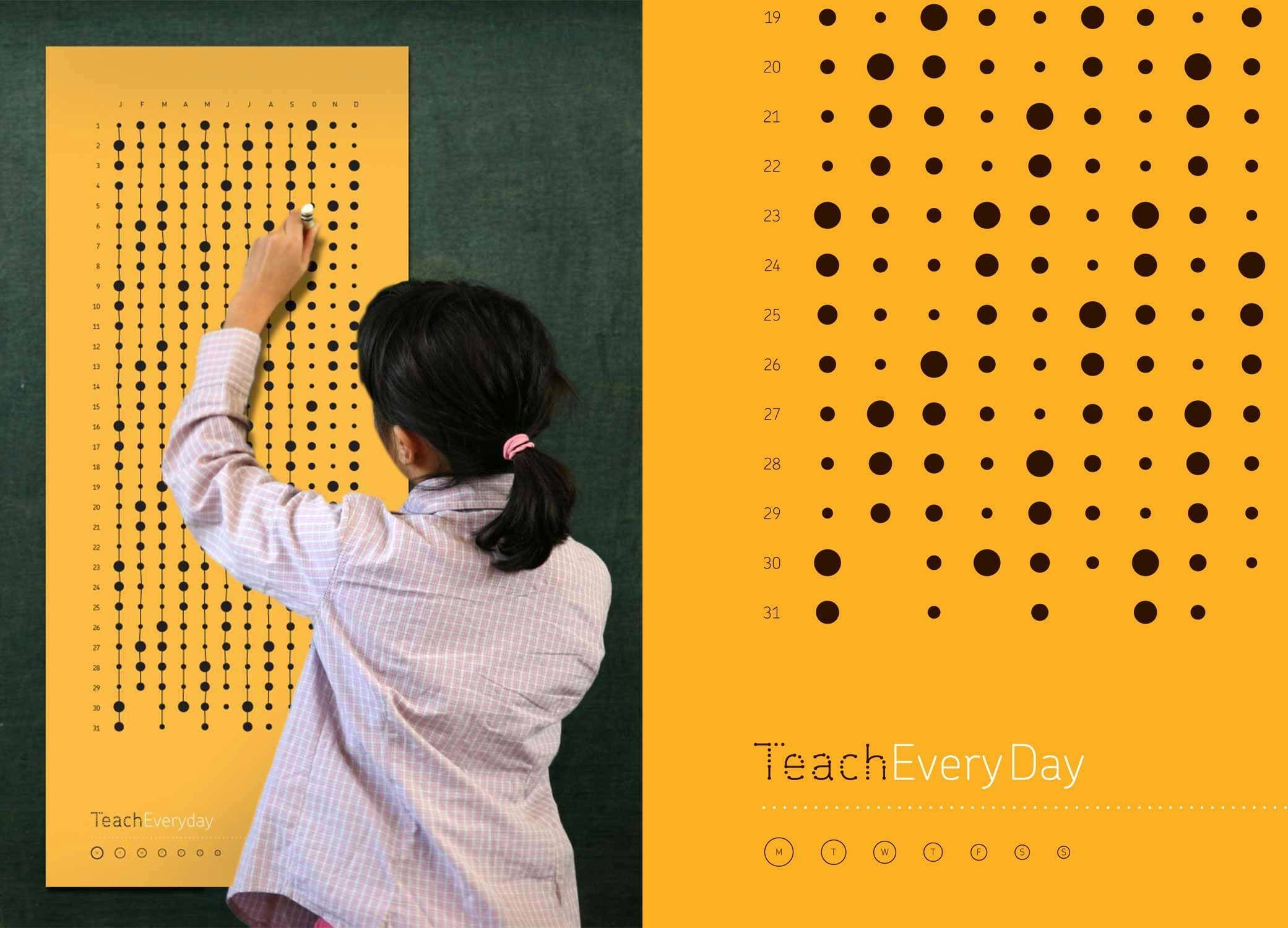 A student with black hair in a ponytail stands in front of a blackboard, working on a large yellow sheet displaying mathematical patterns with various dots. The right side of the image features a similar yellow background with a patterned dot design and the text "Teach Every Day.