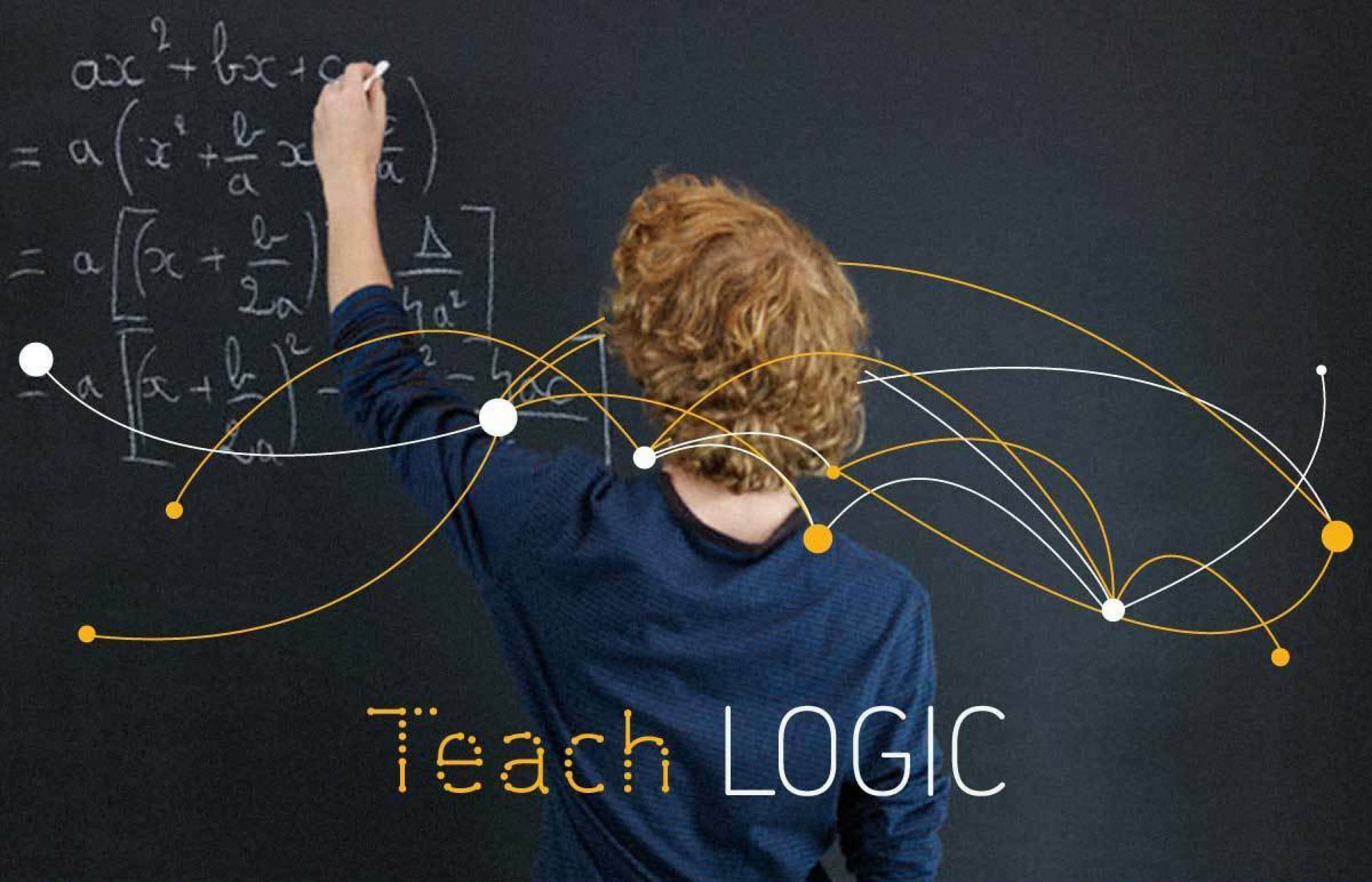A person with curly hair is writing equations on a blackboard, with mathematical symbols and a graph in the background. The words "Teach LOGIC" are prominently displayed in the bottom right corner.