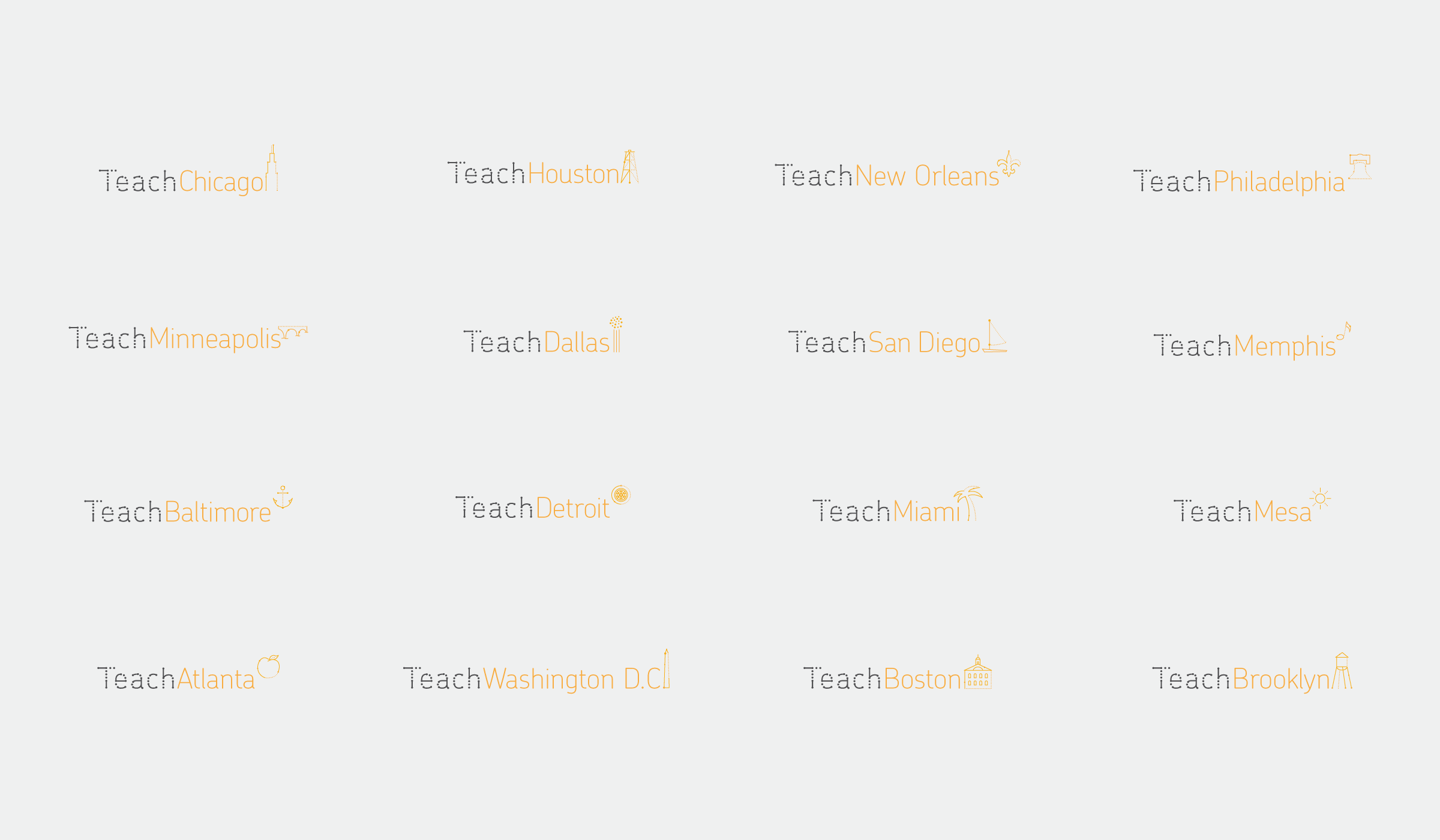 A grid displays 12 city names with simple yellow icons: Chicago, Houston, New Orleans, Philadelphia, Minneapolis, Dallas, San Diego, Memphis, Baltimore, Detroit, Miami, Mesa, Atlanta, Washington D.C., Boston, and Brooklyn.