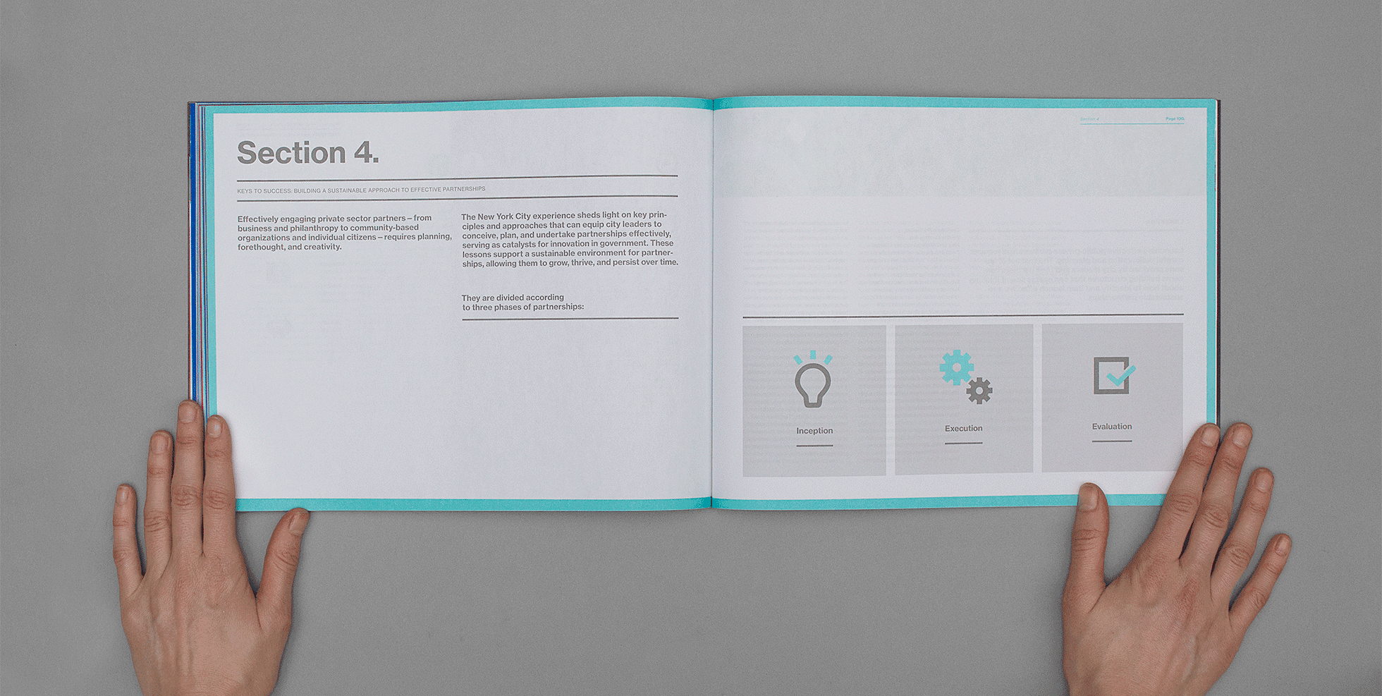 A person holding open a book on a gray surface. The left page is titled "Section 4." with text below about effectively bringing ideas to action. The right page has a horizontal layout with three sections labeled "Inception," "Execution," and "Evaluation," each with icons.