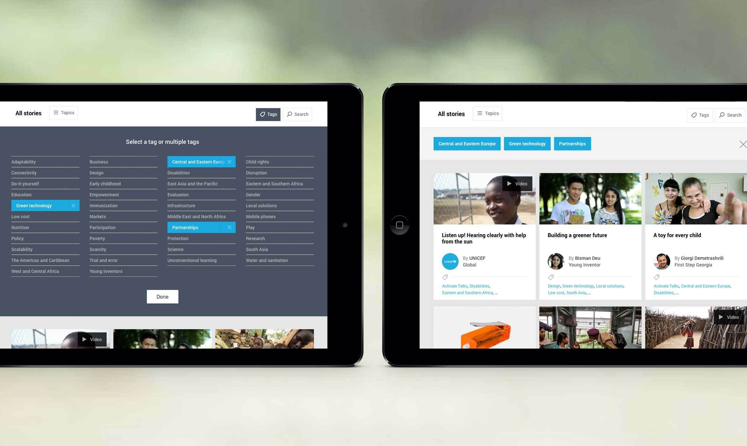 Two tablets display an interface for organizing and viewing stories. The left screen shows a list of tags for categorization, with "Partnership" highlighted in green. The right screen shows a selection of stories filtered by the selected tags, including titles and thumbnails.