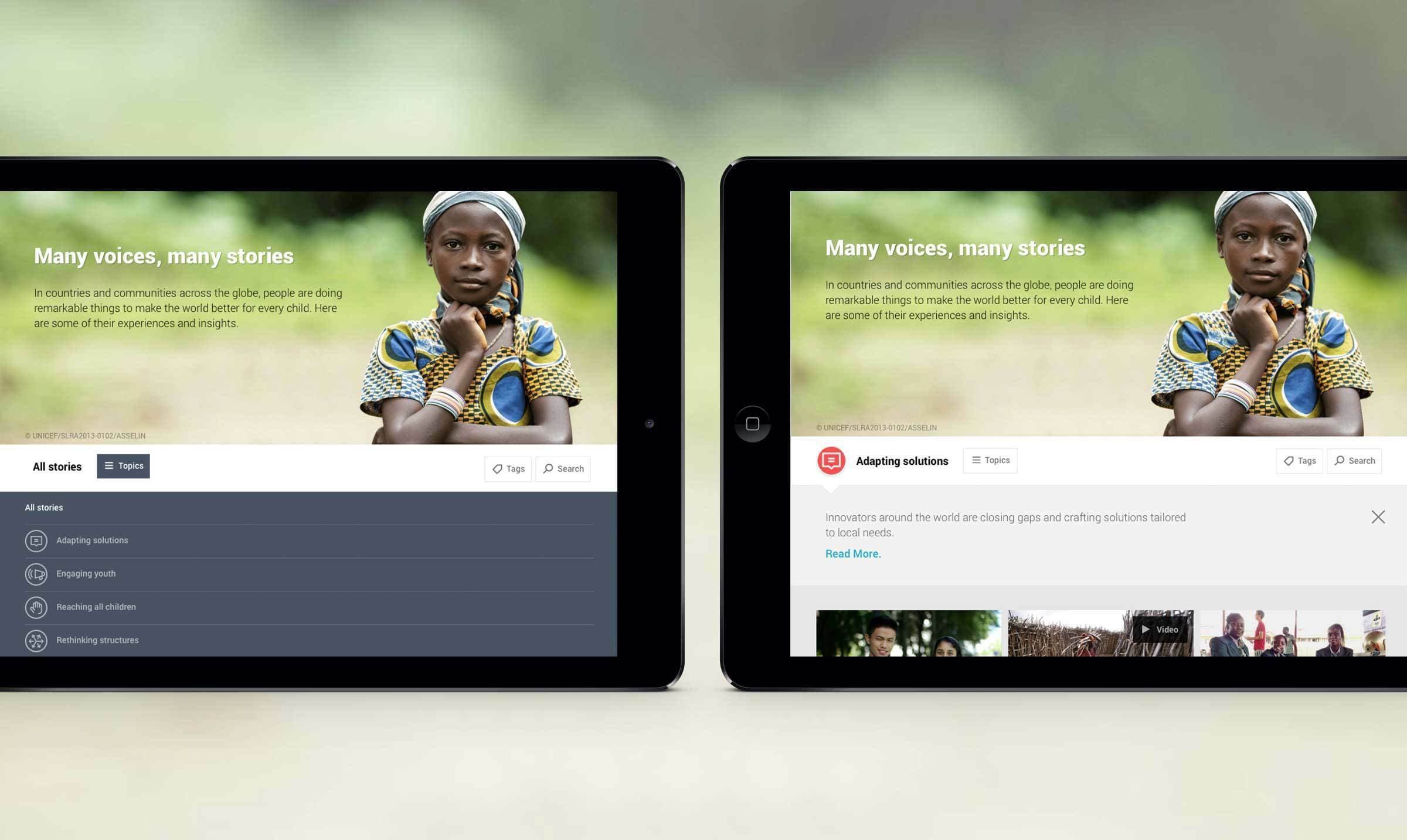Two tablet screens displaying a website with the header "Many voices, many stories." The left screen shows categories like "Adapting solutions" and "Regreening Africa," while the right screen highlights a featured article under "Adapting solutions" with a "Read More" link.