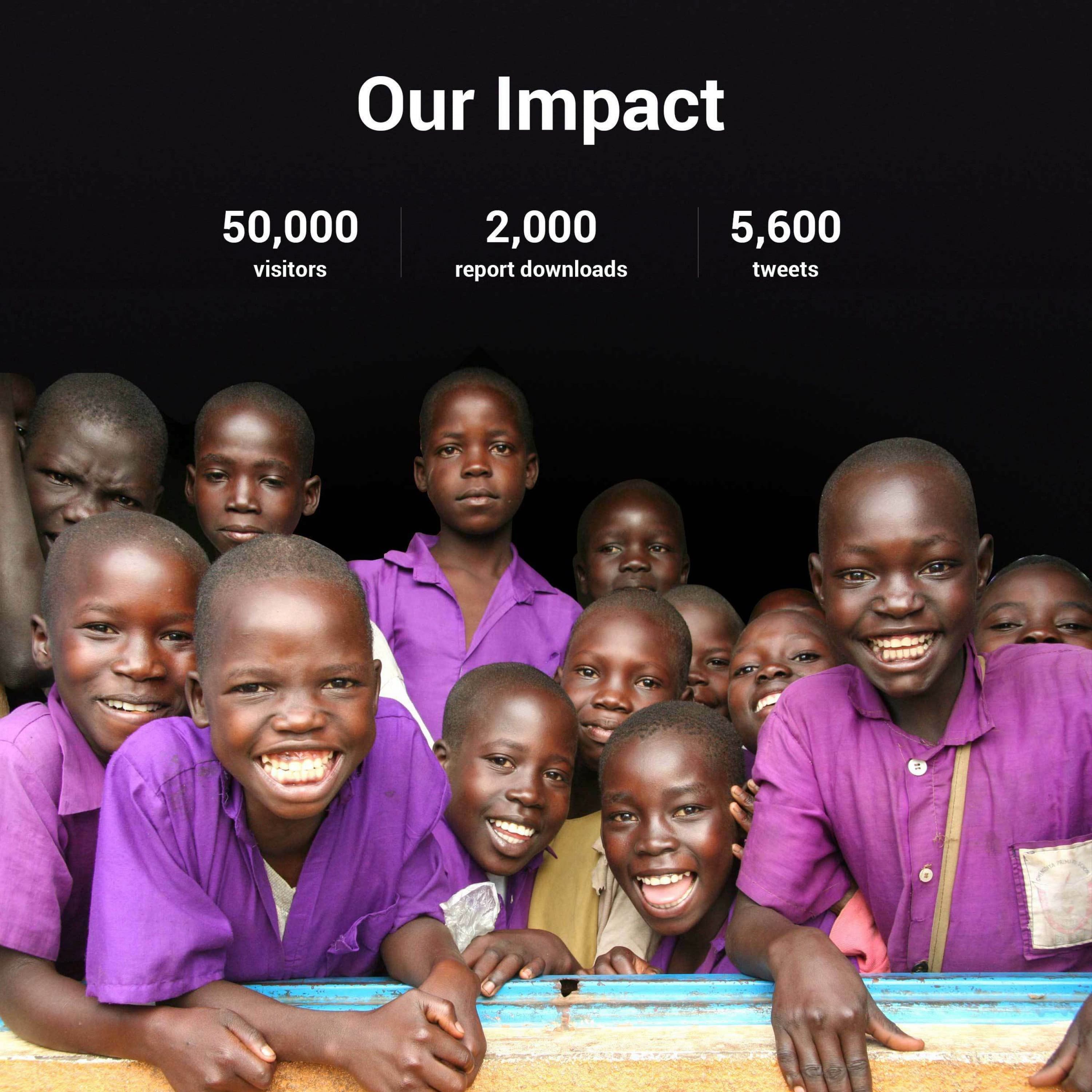 A group of smiling children, predominantly wearing purple shirts, gather closely together and look at the camera. Above them, a black background features the text "Our Impact" along with statistics: 50,000 visitors, 2,000 report downloads, and 5,600 tweets.
