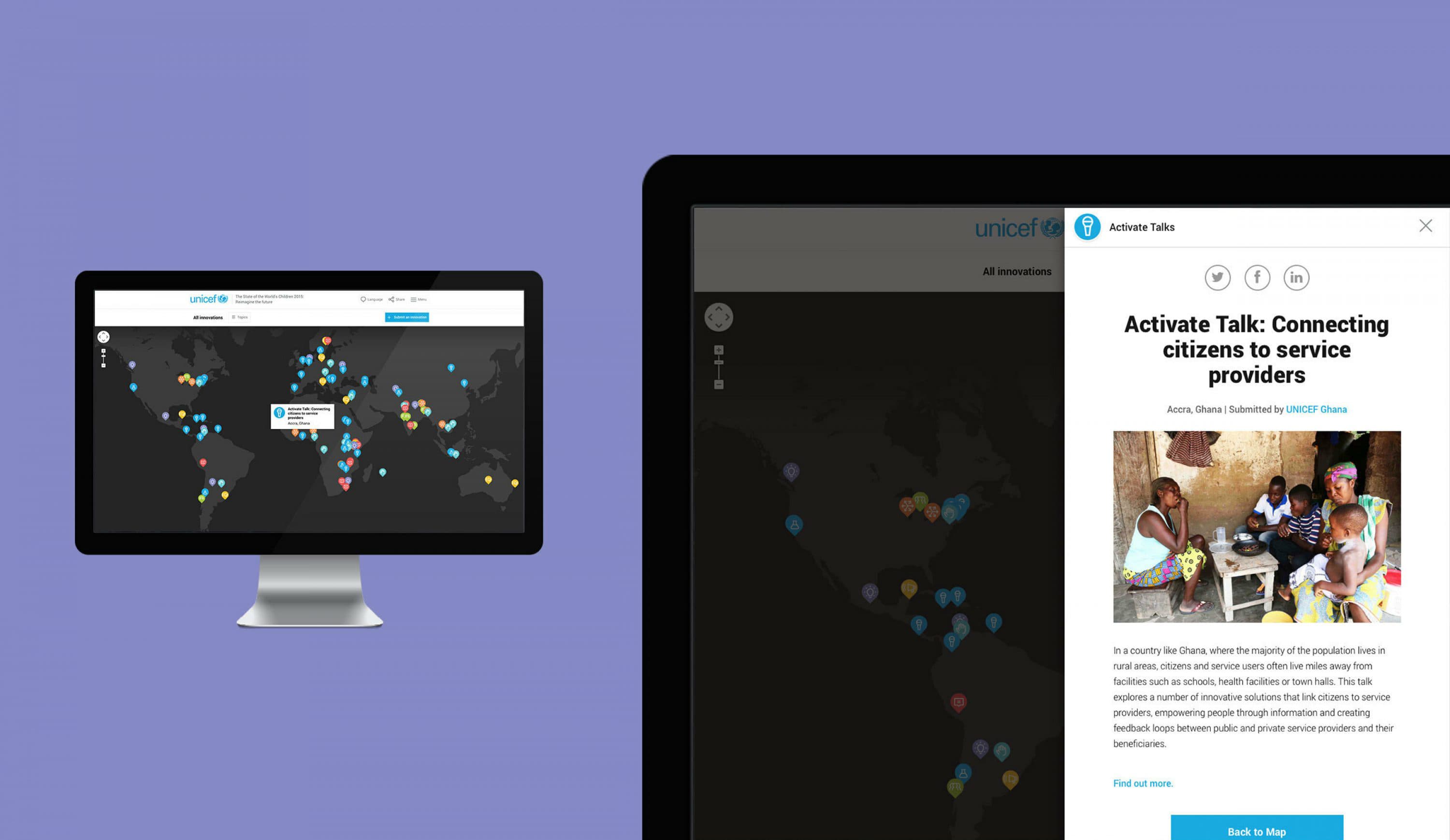 A computer monitor and tablet display a UNICEF Activate Talk webpage. The monitor shows an interactive world map with colorful markers, while the tablet screen presents a close-up of a webpage featuring a story about connecting citizens to service providers in Ghana.