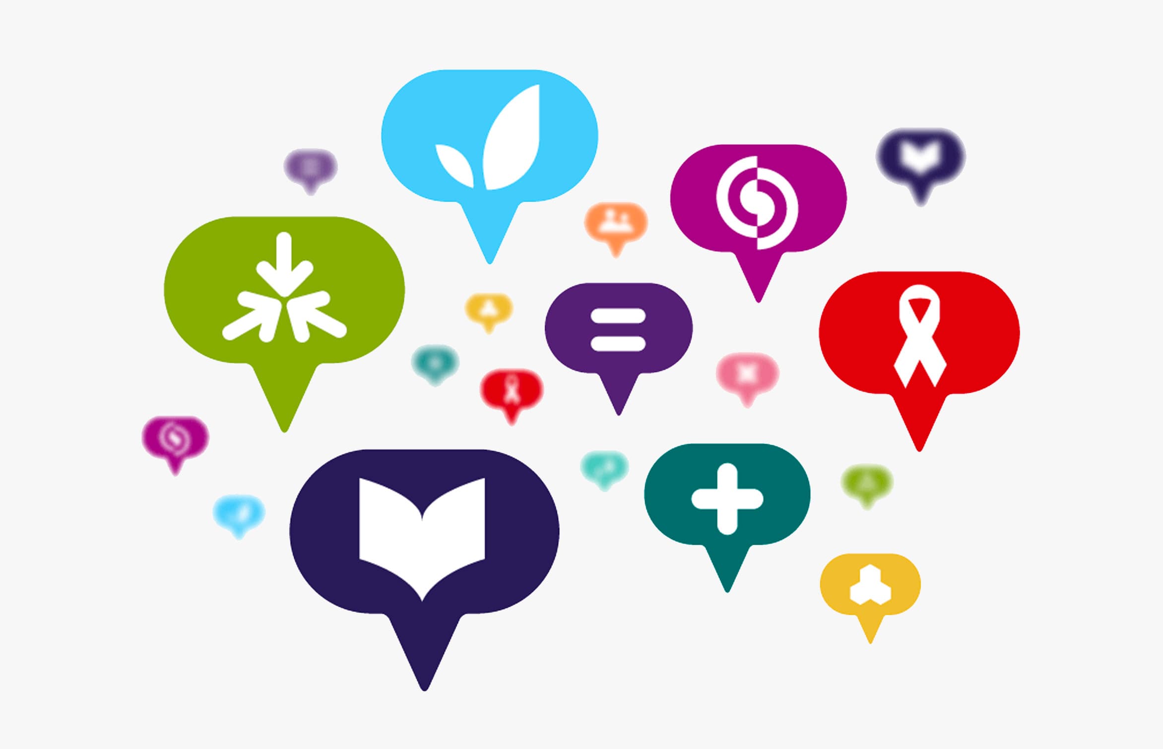 A collection of colorful speech bubbles, each containing different icons like a leaf, a snowflake, an equal sign, a ribbon, a book, a cross, and more. The speech bubbles vary in size and color, placed against a plain white background.