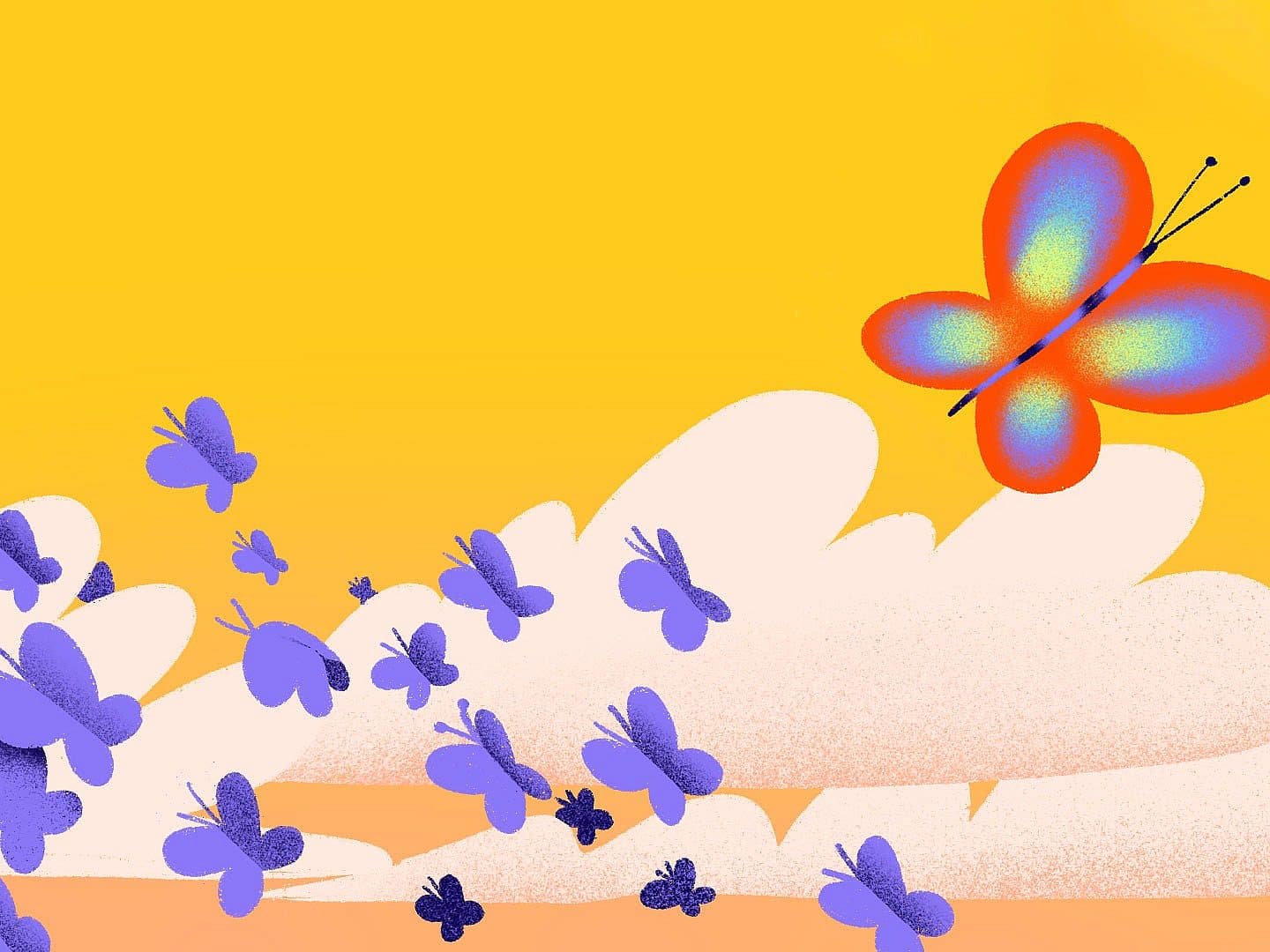 Illustration of a large, colorful butterfly flying above a group of smaller purple butterflies against an orange and yellow sky with fluffy white clouds.