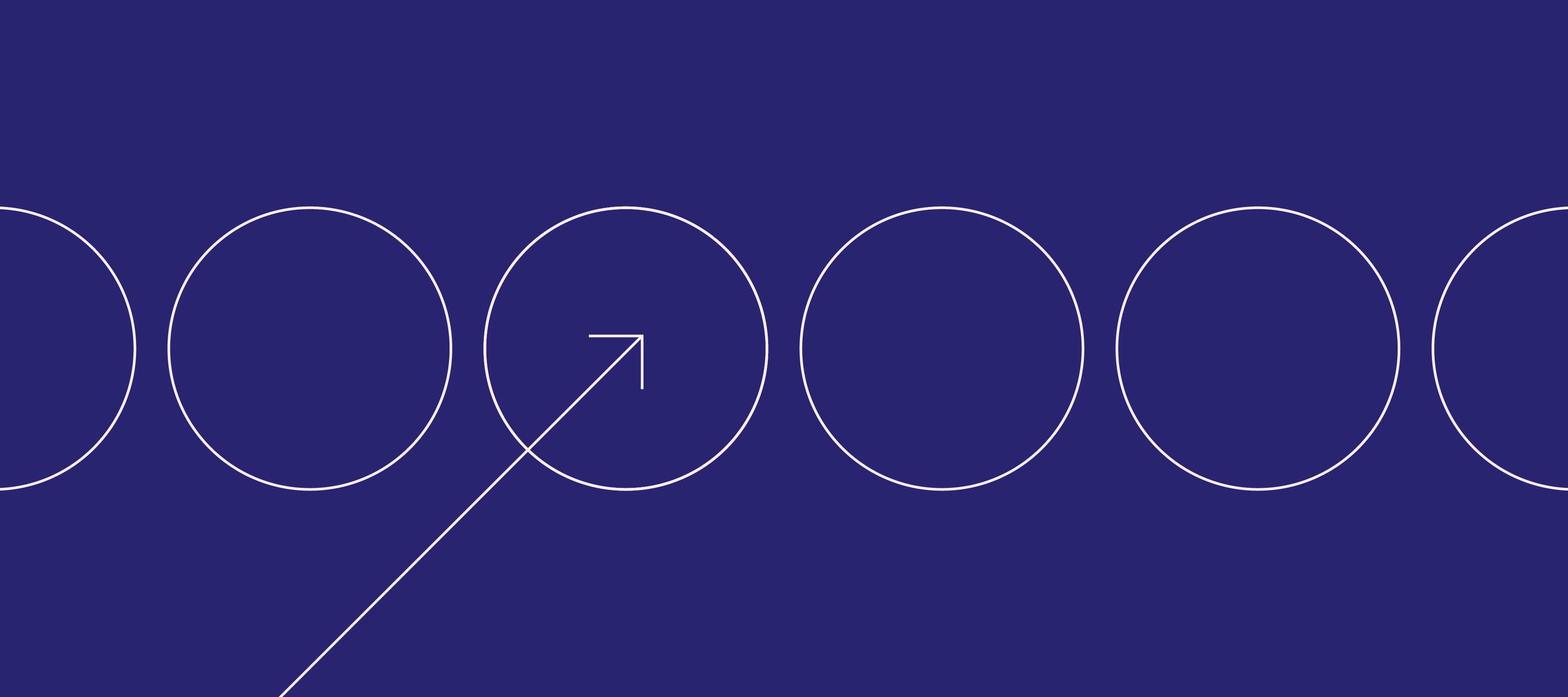 A series of white circles are evenly spaced in a horizontal line against a dark blue background. One circle to the left has an upward right diagonal arrow extending from its center, pointing towards the next circle.