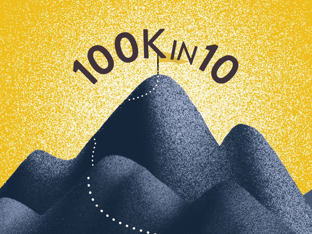 Illustration of a mountainous landscape with a dotted path leading to the peak. At the summit, a figure holds a flag. The text "100K IN 10" appears above the peak against a bright yellow sky, suggesting a goal achievement theme.