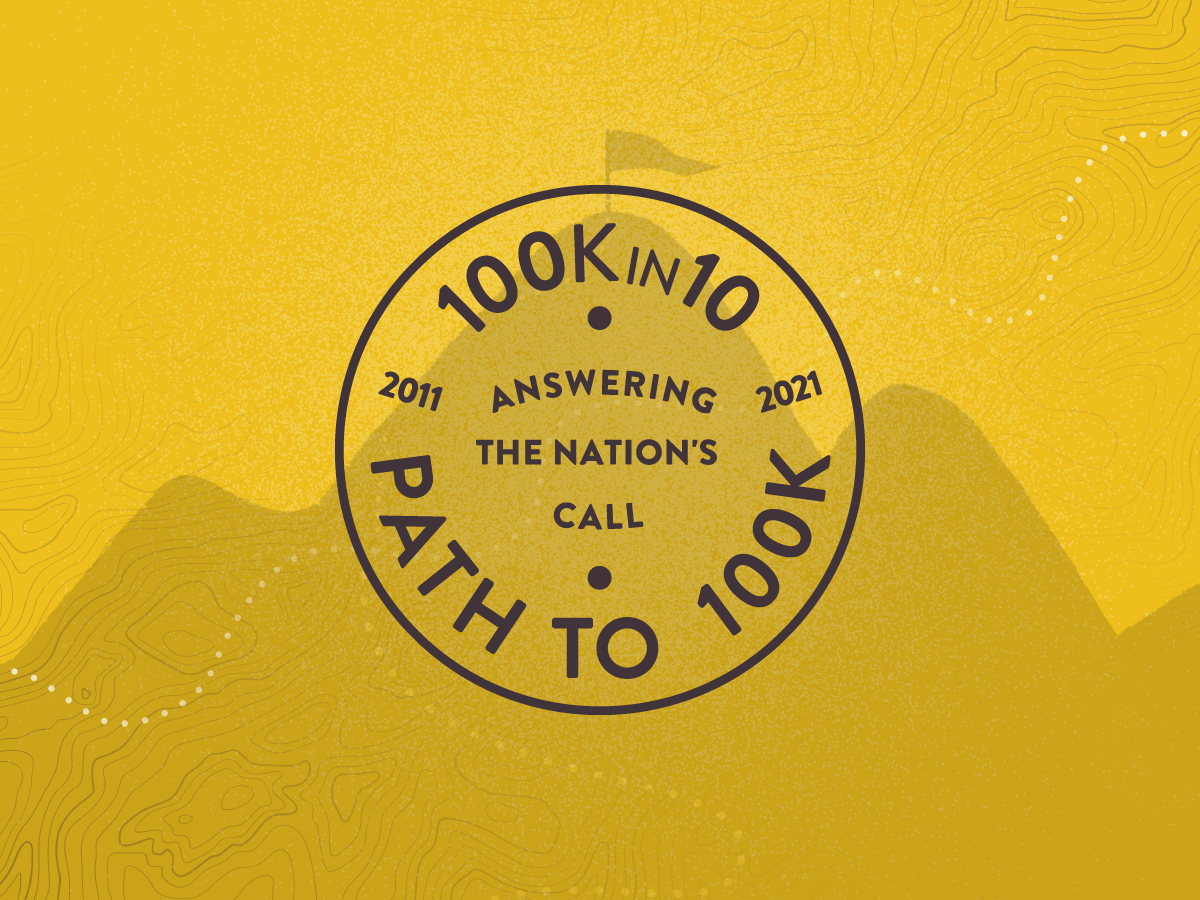 A circular emblem with a flag on top reads "100K in 10" with the years "2011" and "2021" on either side. The words "Answering the Nation's Call" are in the center, and "Path to 100K" is curved along the bottom. The background is a yellow, stylized landscape.