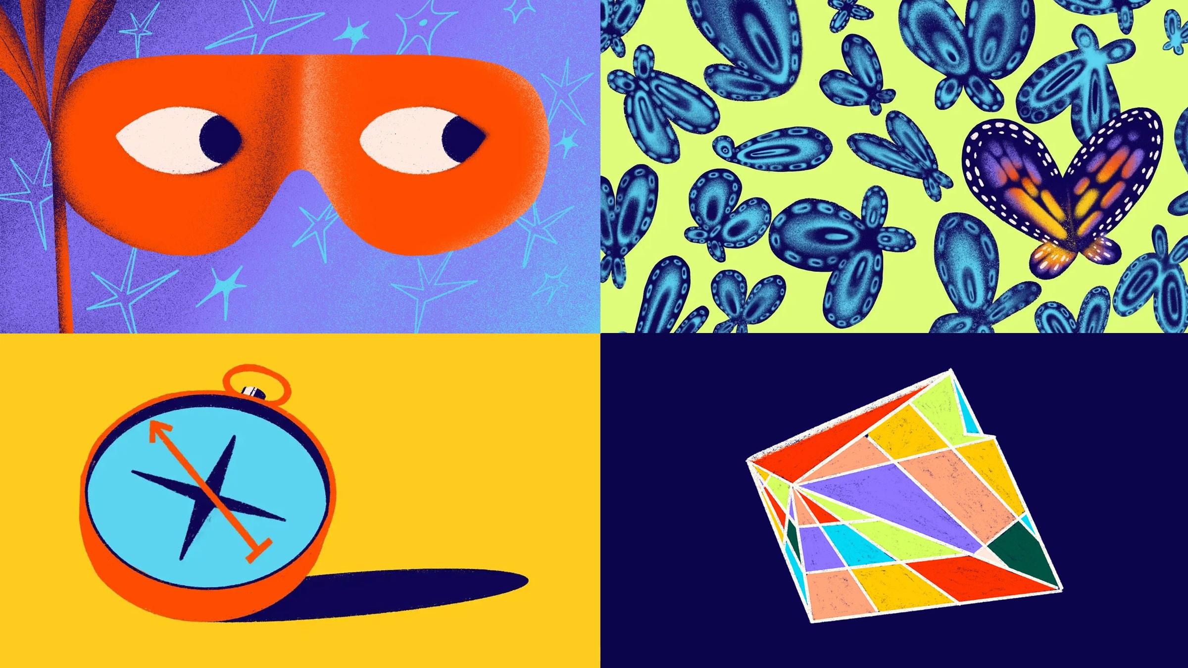 A colorful collage with four sections: a red mask with eyes on a blue background, blue abstract shapes with a butterfly on green, a compass on yellow, and a multi-colored geometric shape on a different yellow shade.